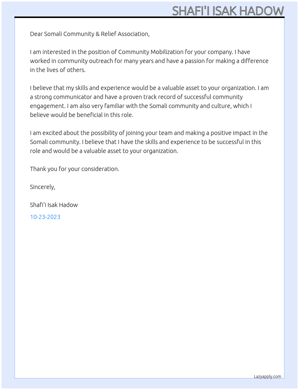 Community mobilization  At Somali Community & Relief Association Cover Letter