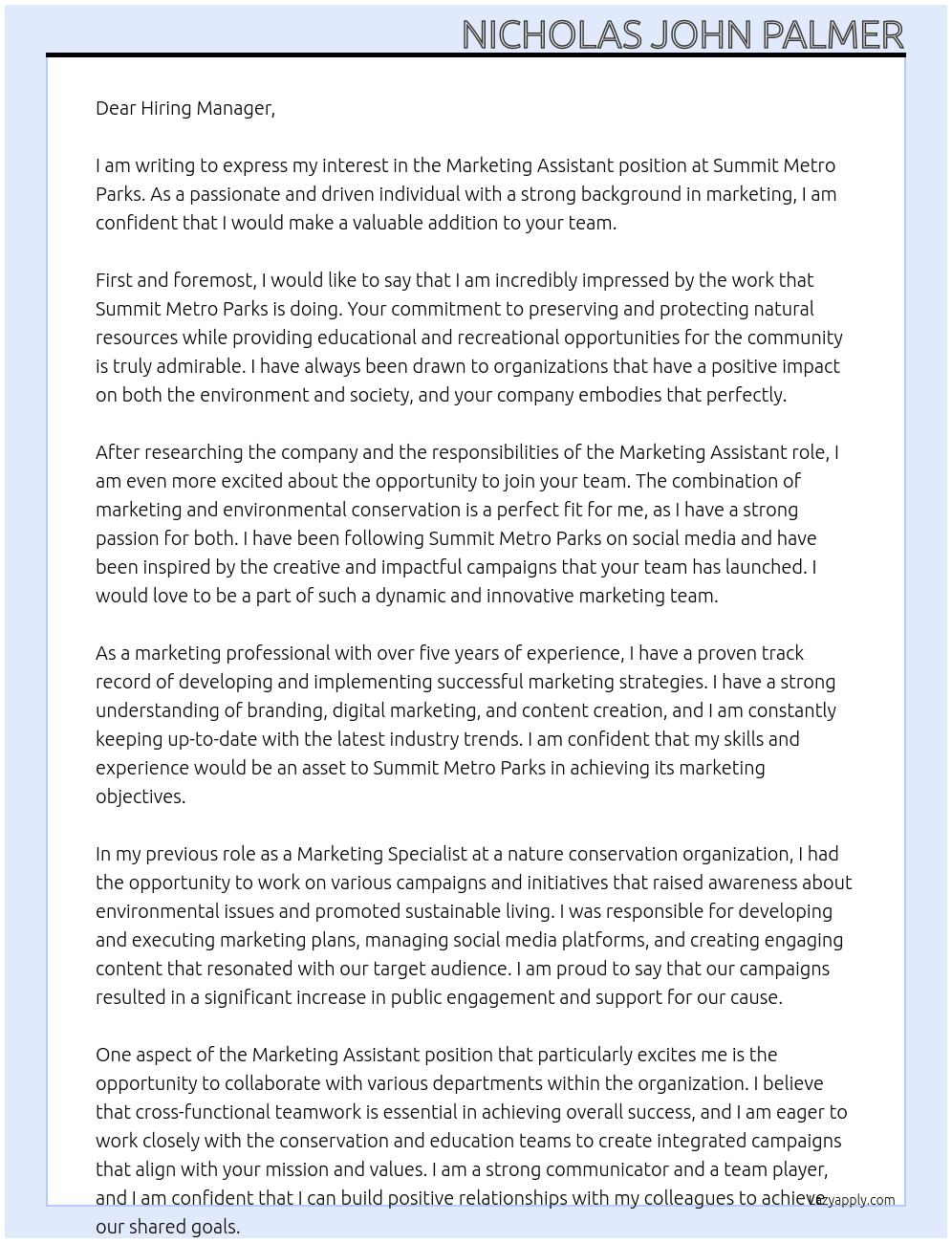 Marketing Assistant  At Summit Metro Parks Cover Letter
