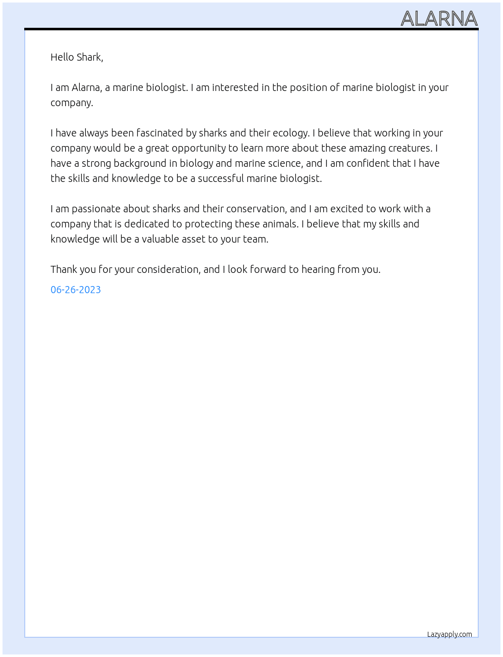 marine biologist At shark Cover Letter