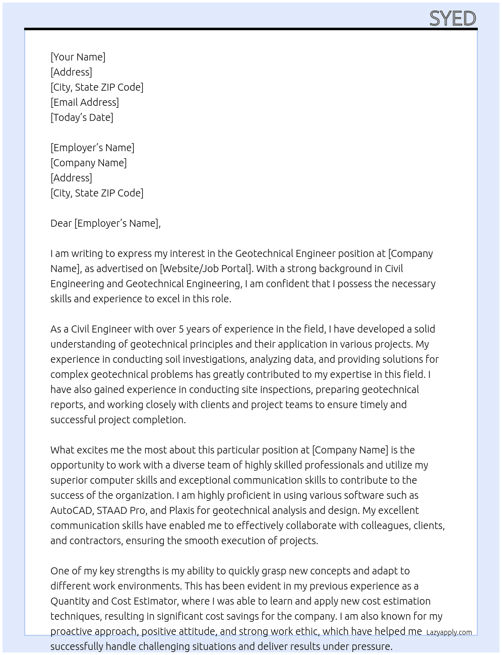 Geotechnical Engineer At Ahmed Cover Letter