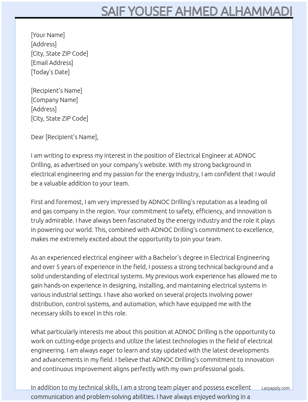 Electrical Engineer At ADNOC Drilling Cover Letter