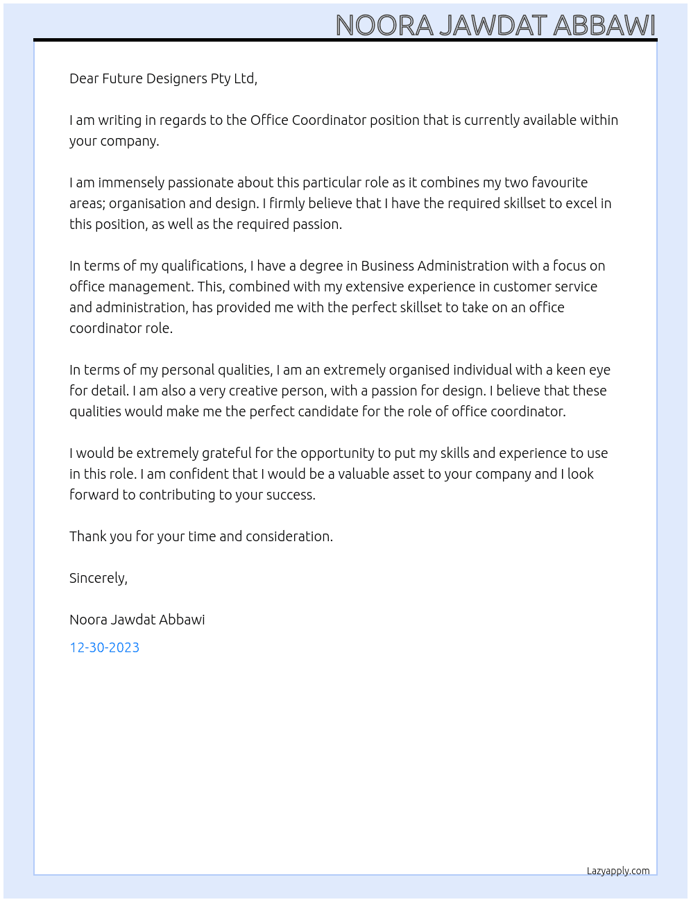 office coordinator At Future designers Pty Ltd Cover Letter