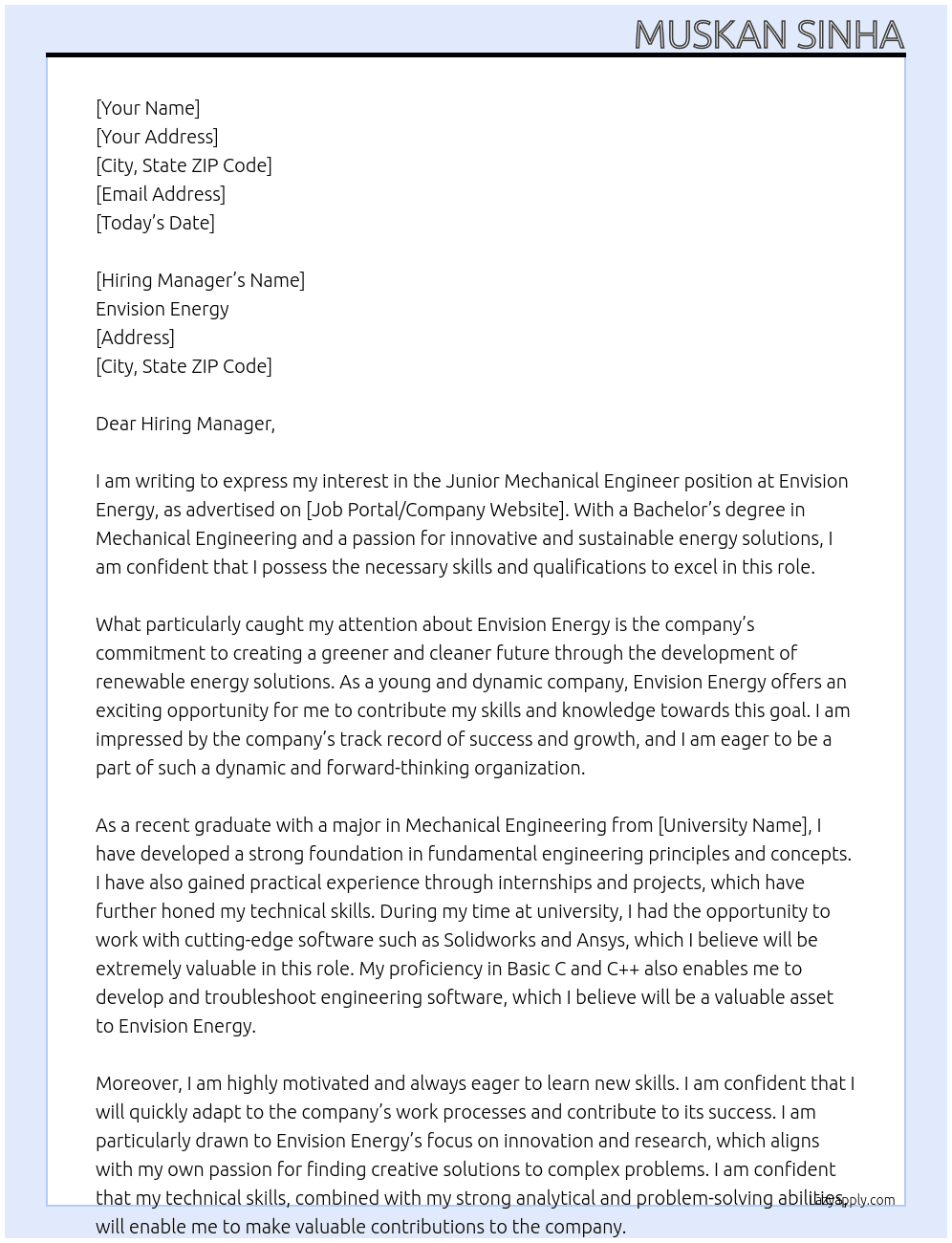 Junior Mechanical Engineer  At Envision energy Cover Letter