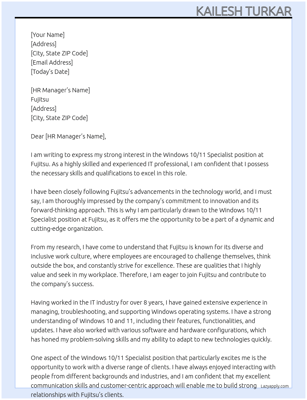 Windows 10/11 Specialist  At Fujitsu Cover Letter