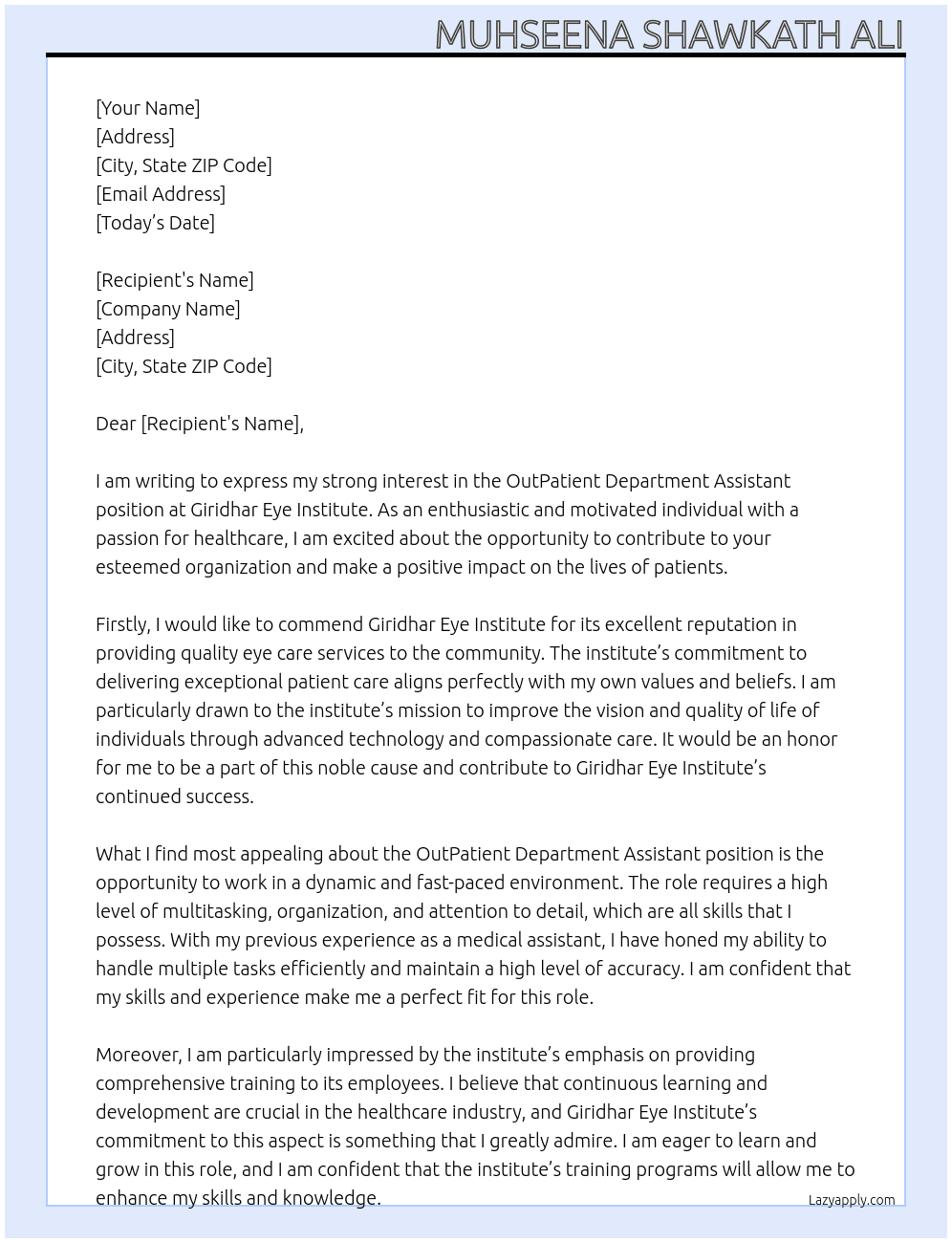 OutPatient Department Assistant At Giridhar Eye Institute Cover Letter