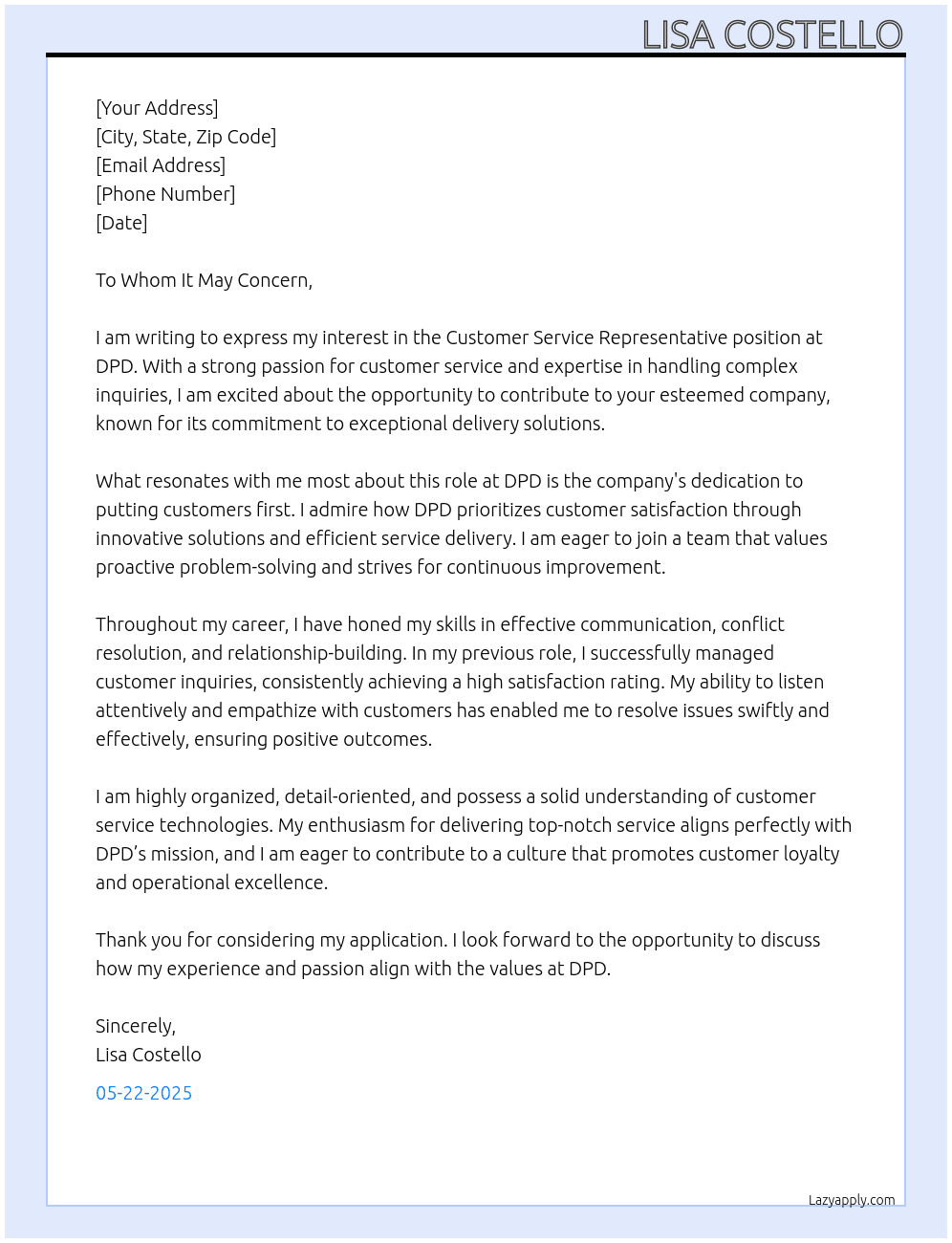 Customer Service Representative At DPD Cover Letter