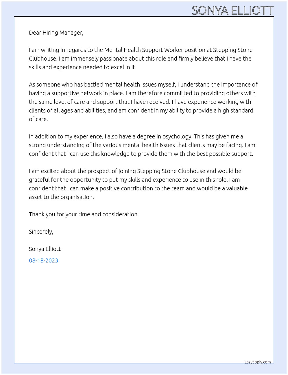 mental health support worker At Stepping Stone Clubhouse Cover Letter