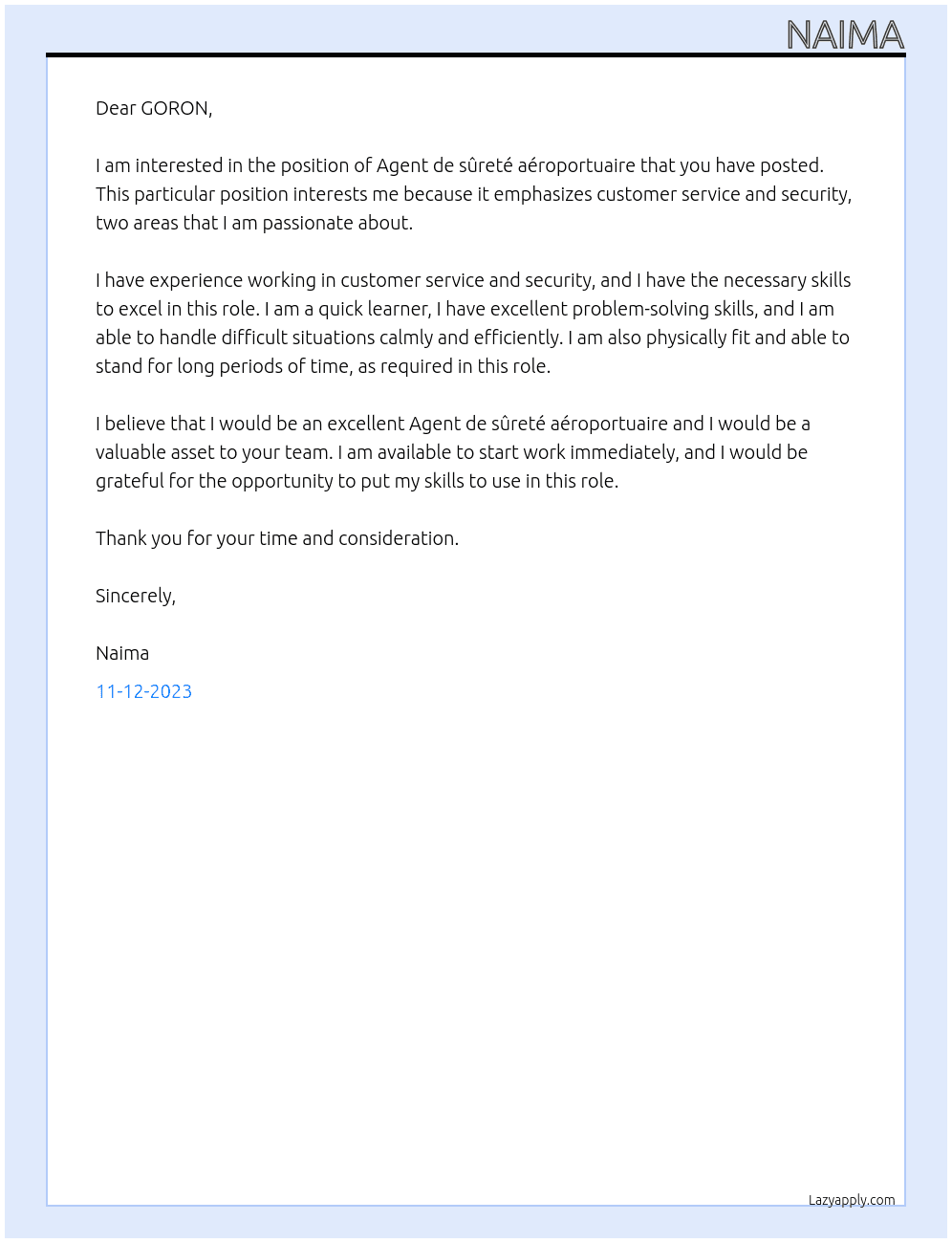 Agent de sûreté aéroportuaire  At GORON  Cover Letter