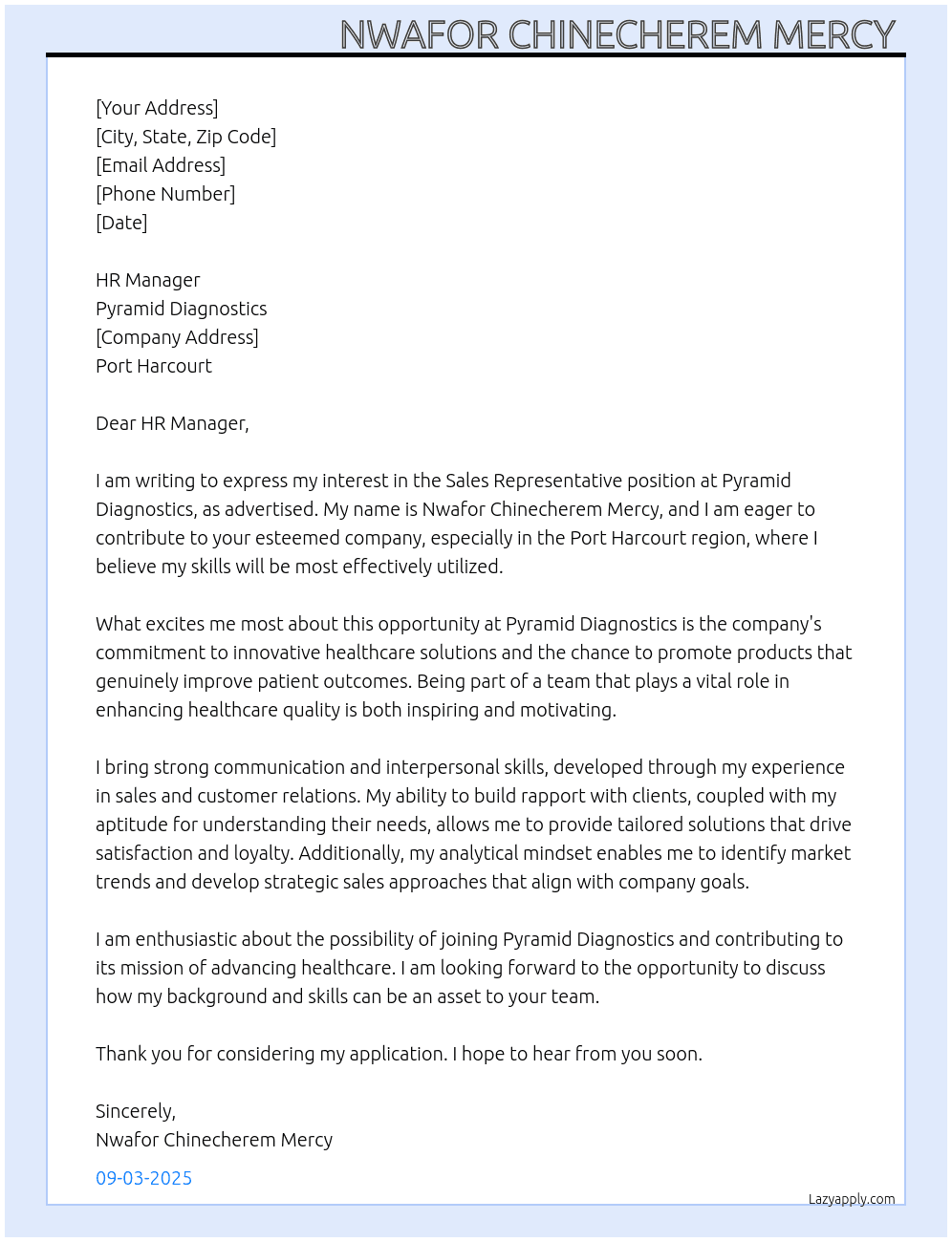 Sales Representative  At Pyramid Diagnostics  Cover Letter