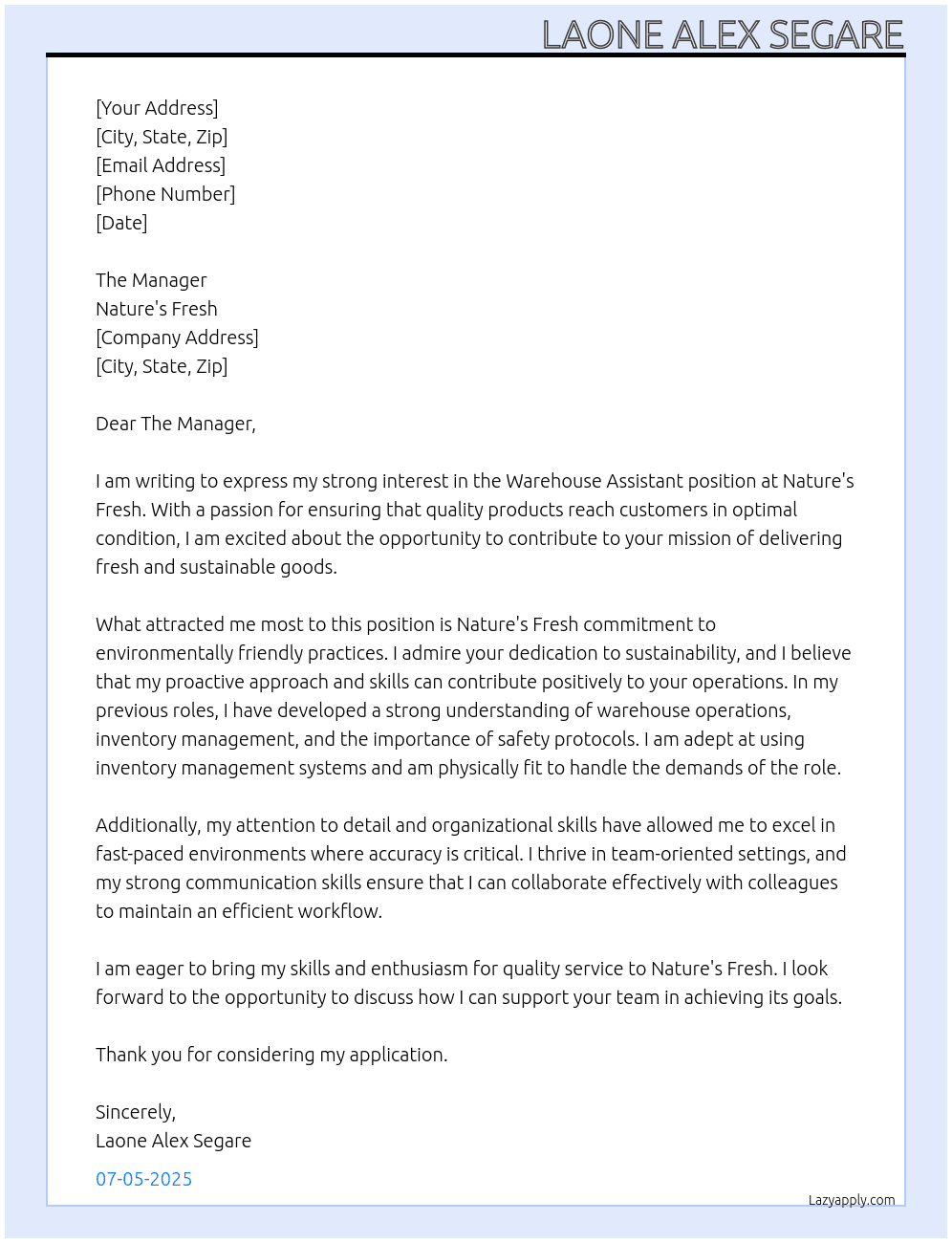 Warehouese Assistant At Nature's Fresh Cover Letter
