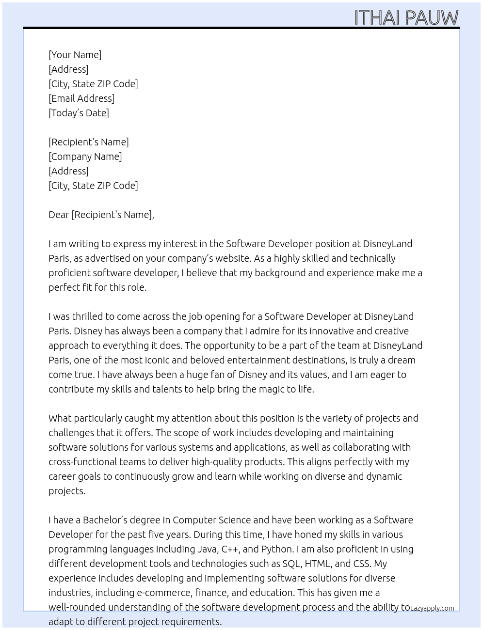 DisneyLand Paris - Software Developer At DisneyLand Paris - Software Developer Cover Letter