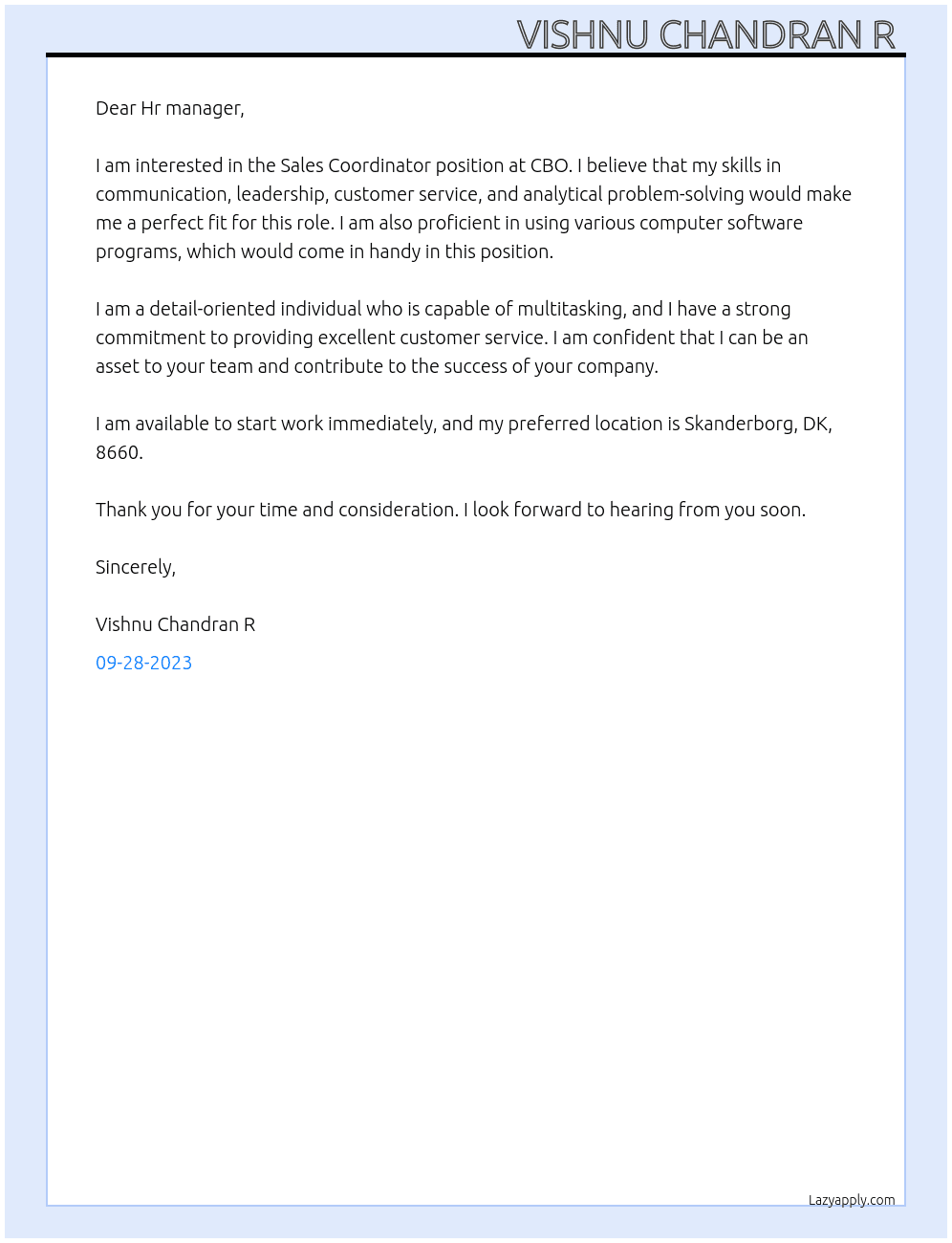 Sales Coordinator  At CBO Cover Letter