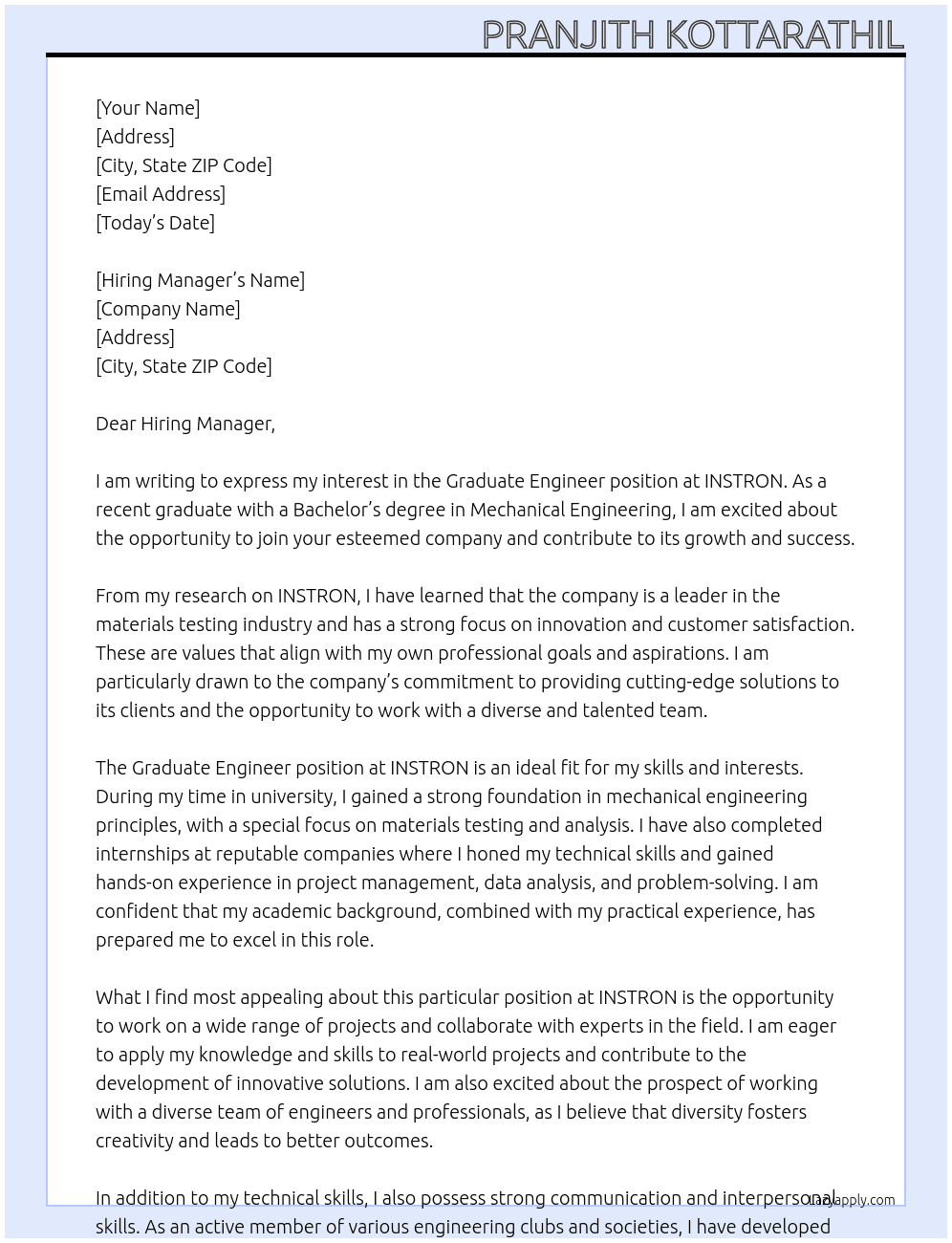 Graduate Engineer At INSTRON Cover Letter