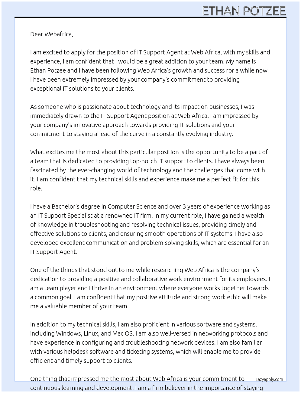 It support agent  At Web Africa  Cover Letter