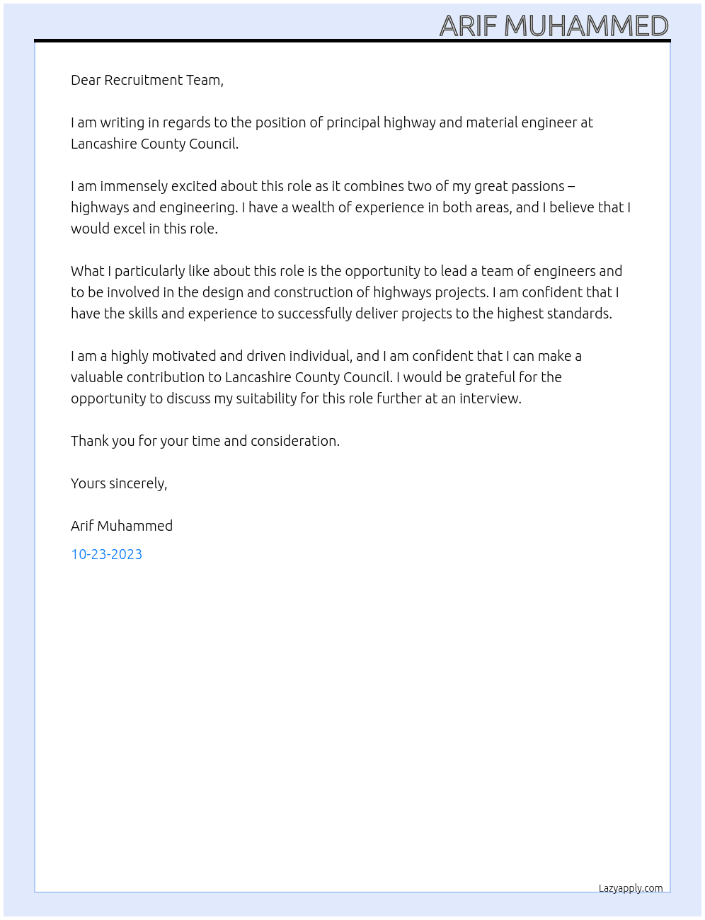 principal highway and material engineer At  Lancashire County Council Cover Letter