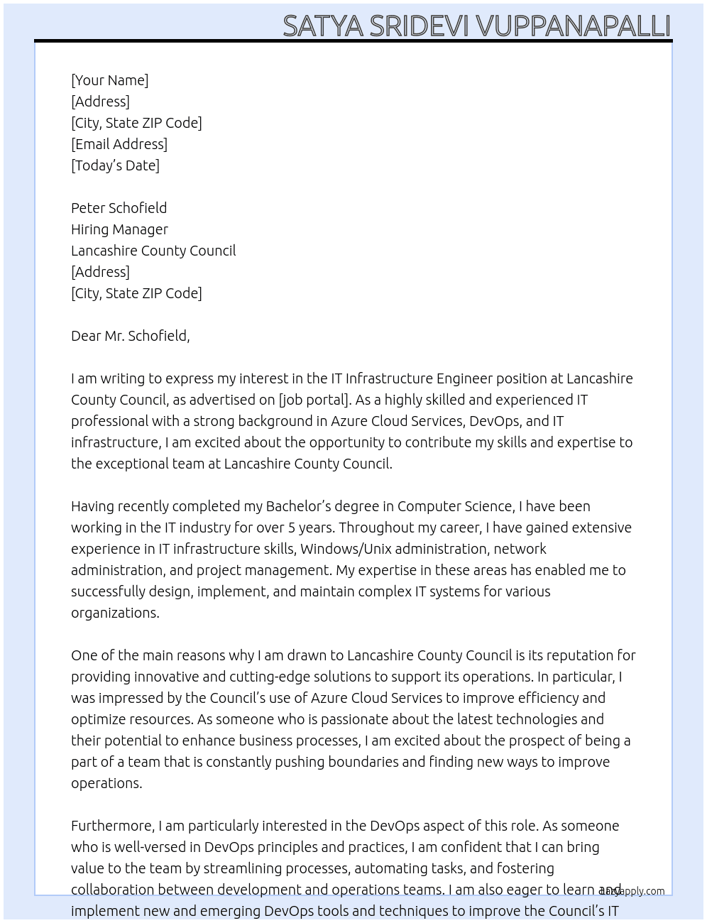 IT Infrastructure Engineer At Lancashire County Council Cover Letter