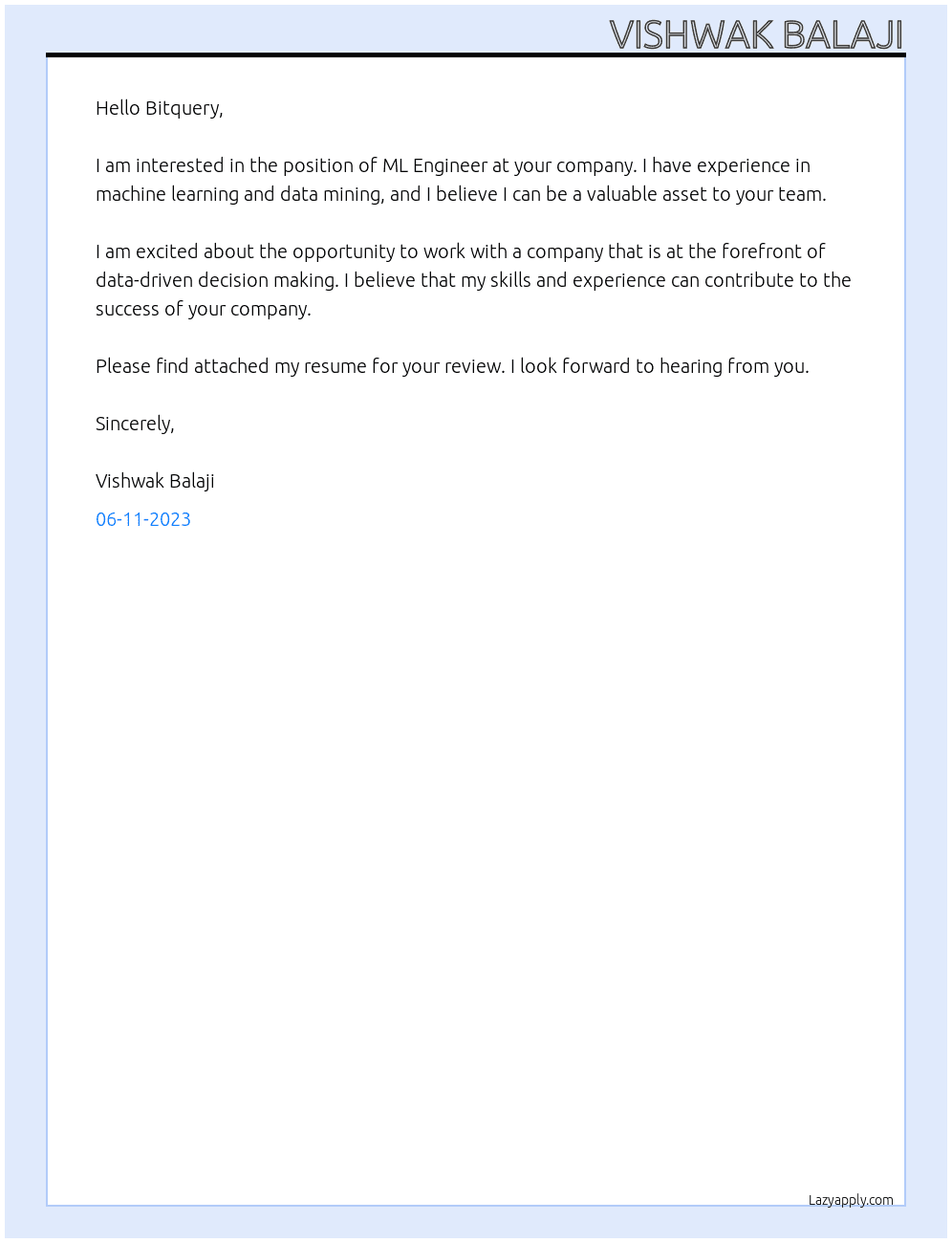 ML Engineer At Bitquery Cover Letter