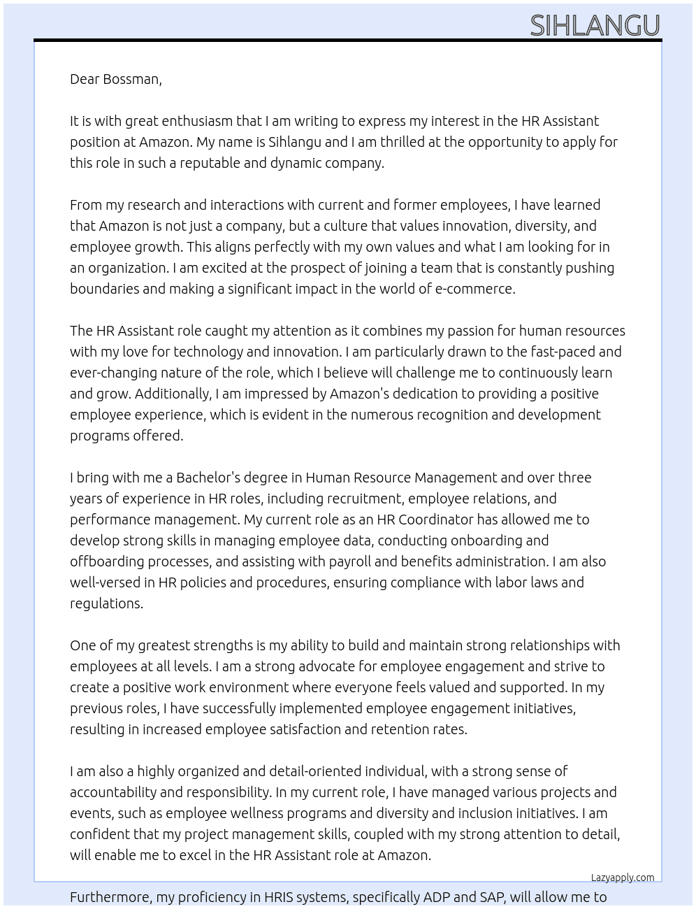 Hr assistant At Amazon Cover Letter