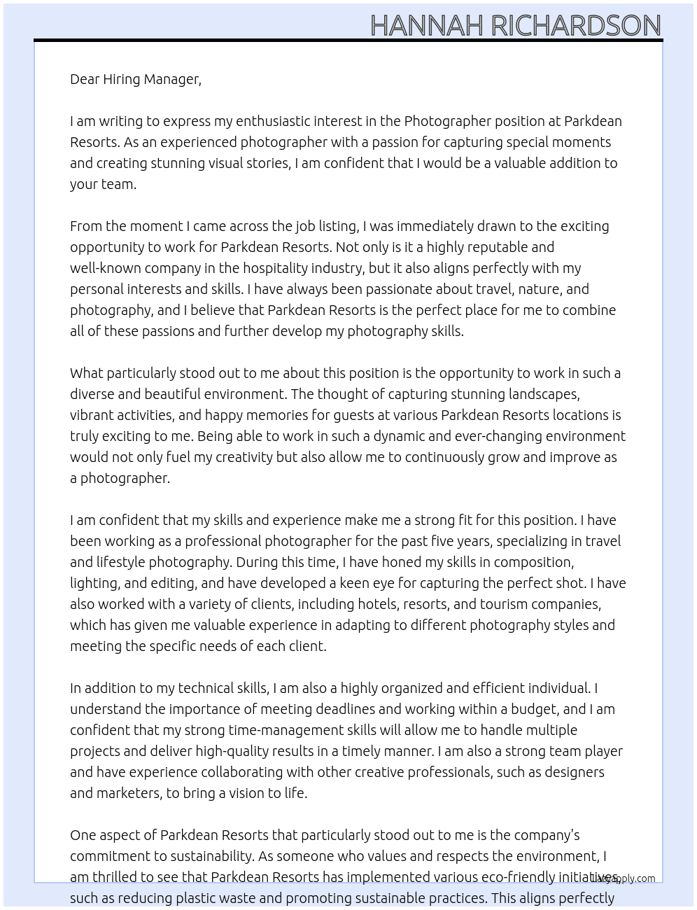 Photographer At Parkdean Resorts Cover Letter
