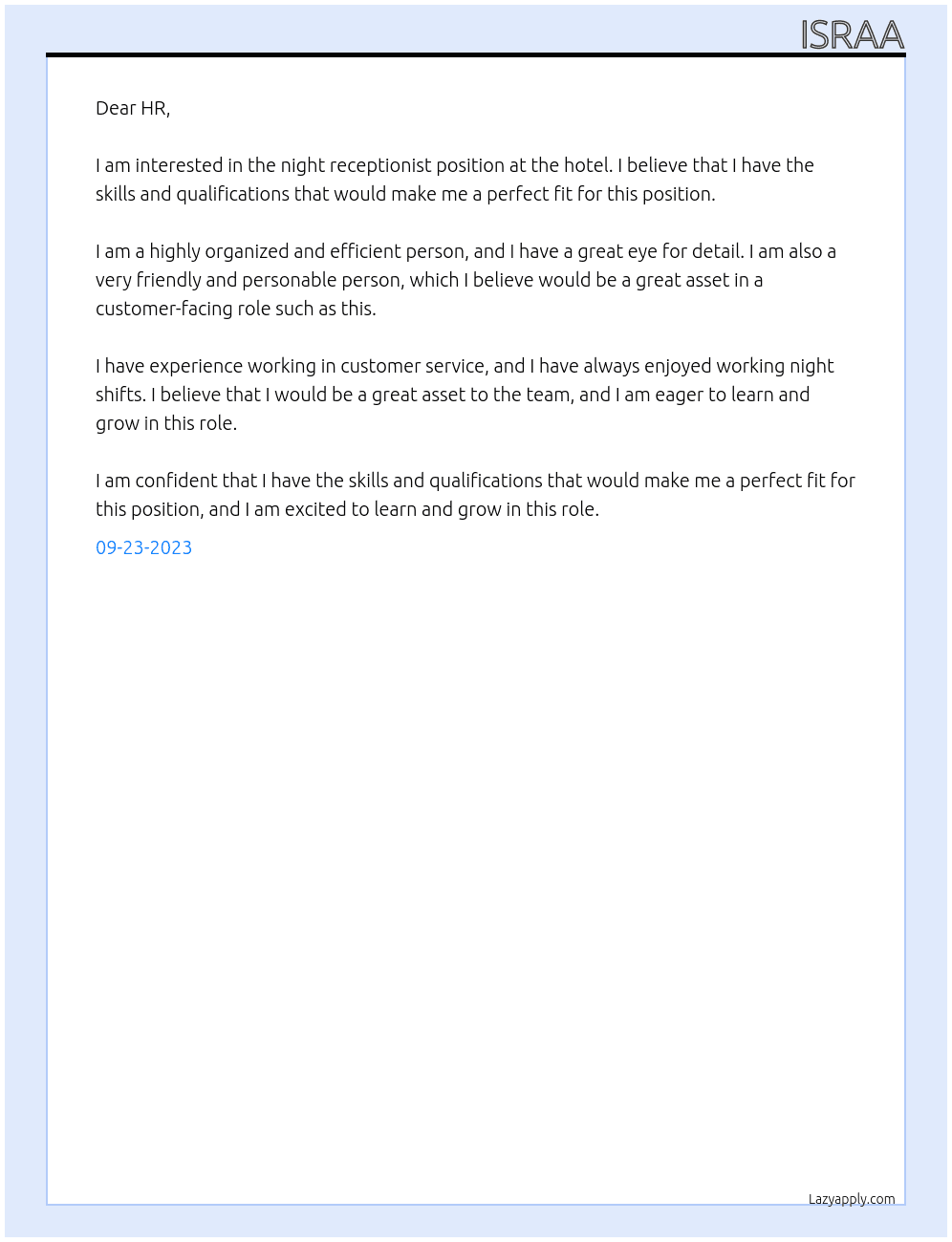 night receptionist At hotel Cover Letter