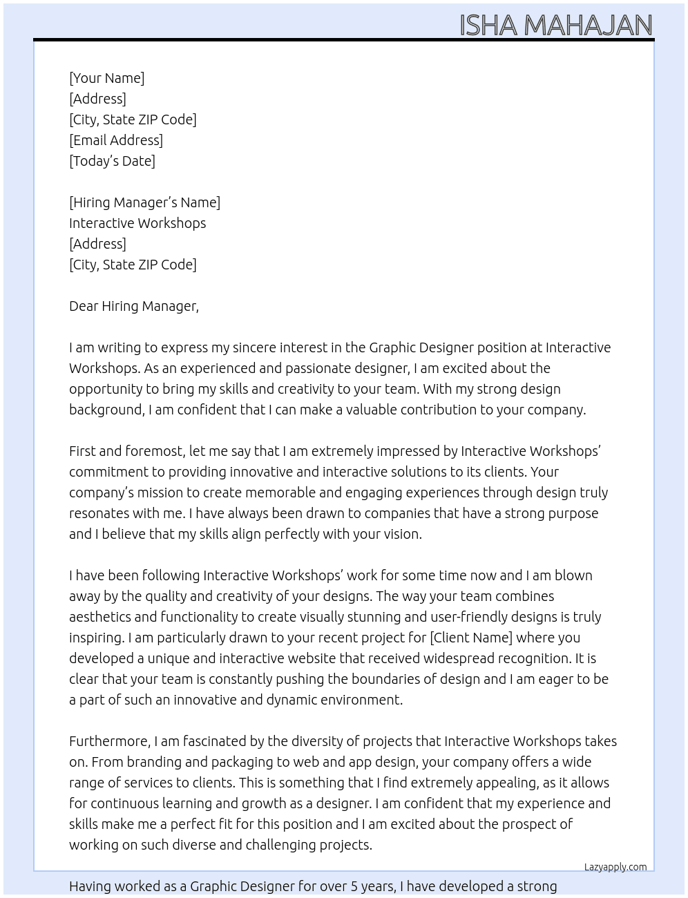 Graphic Designer At Interactive Workshops  Cover Letter