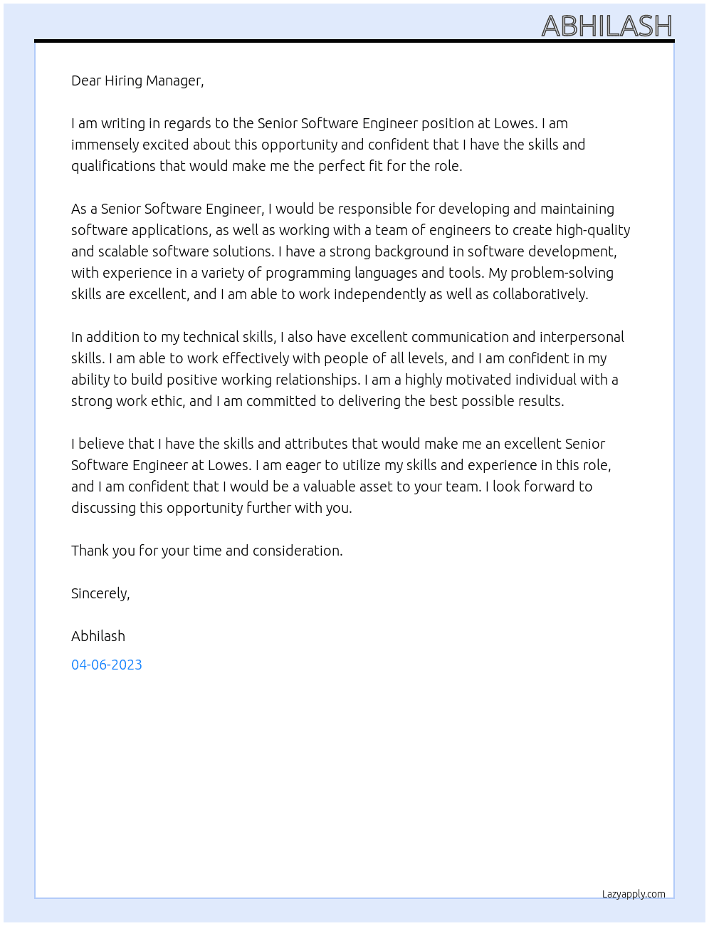 Senior Software Engineer At Lowes Cover Letter
