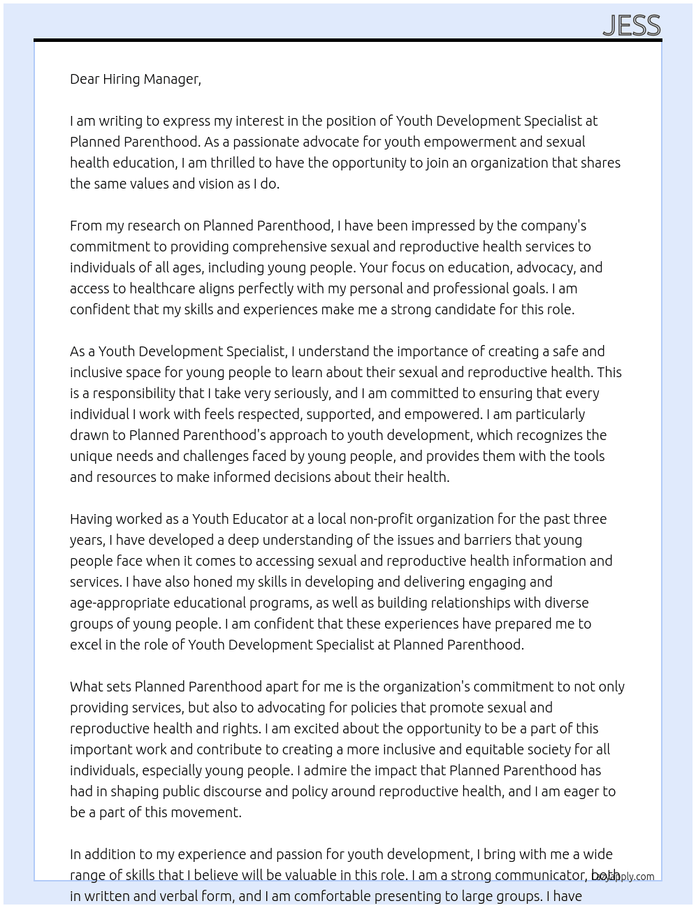 Youth Development specialist  At Planned Parenthood Cover Letter
