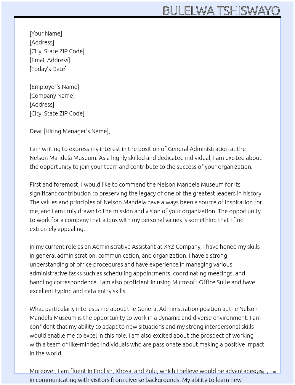 General Administration At Nelson Mandela Museum Cover Letter