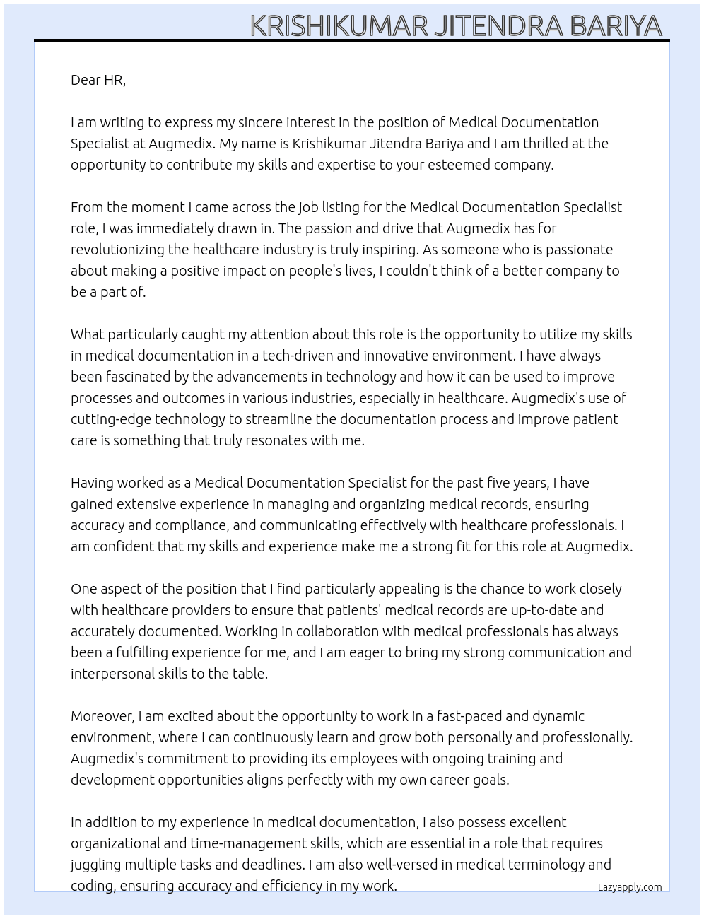 Medical Documentation Specialist At Augmedix Cover Letter