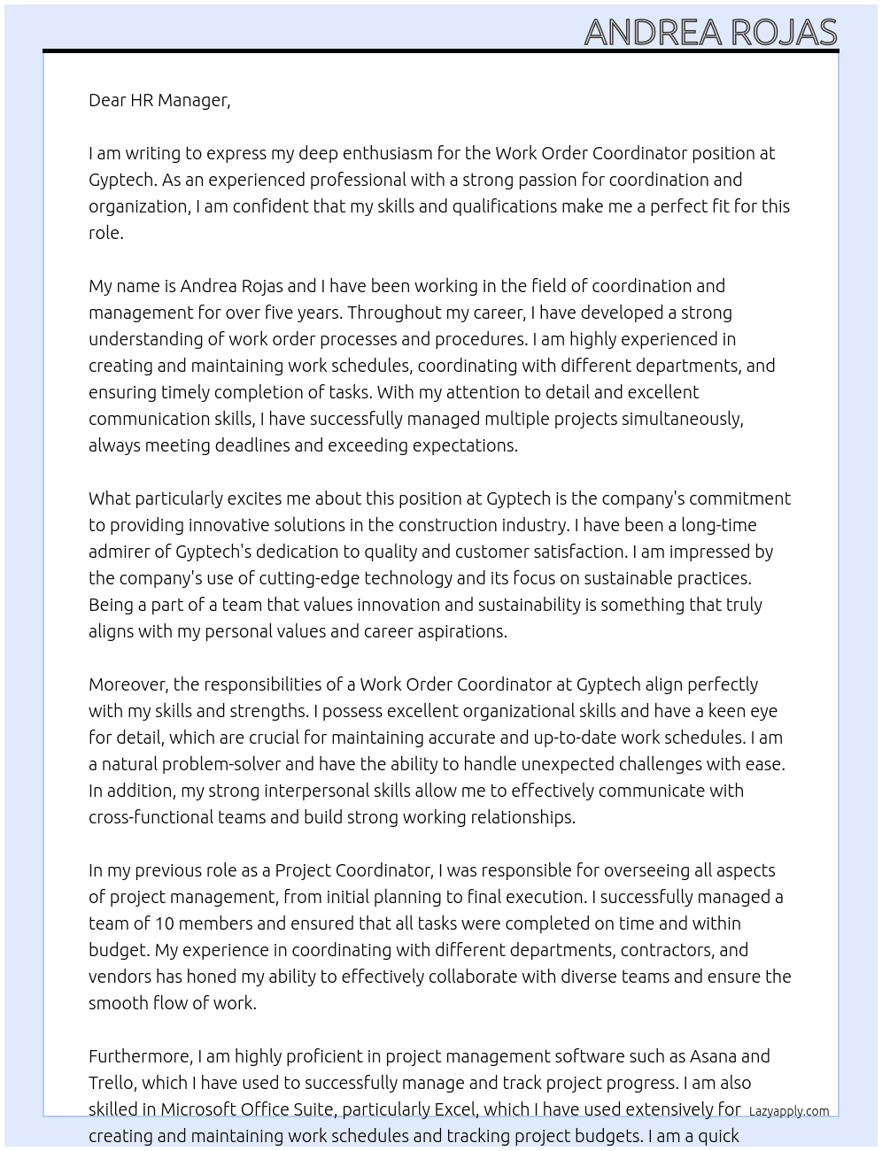 Work Order Coordinator At Gyptech Cover Letter