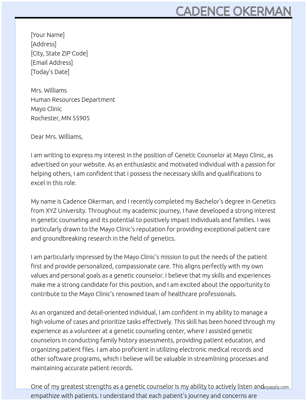 Genetic Counselor At Mayo Clinic Cover Letter