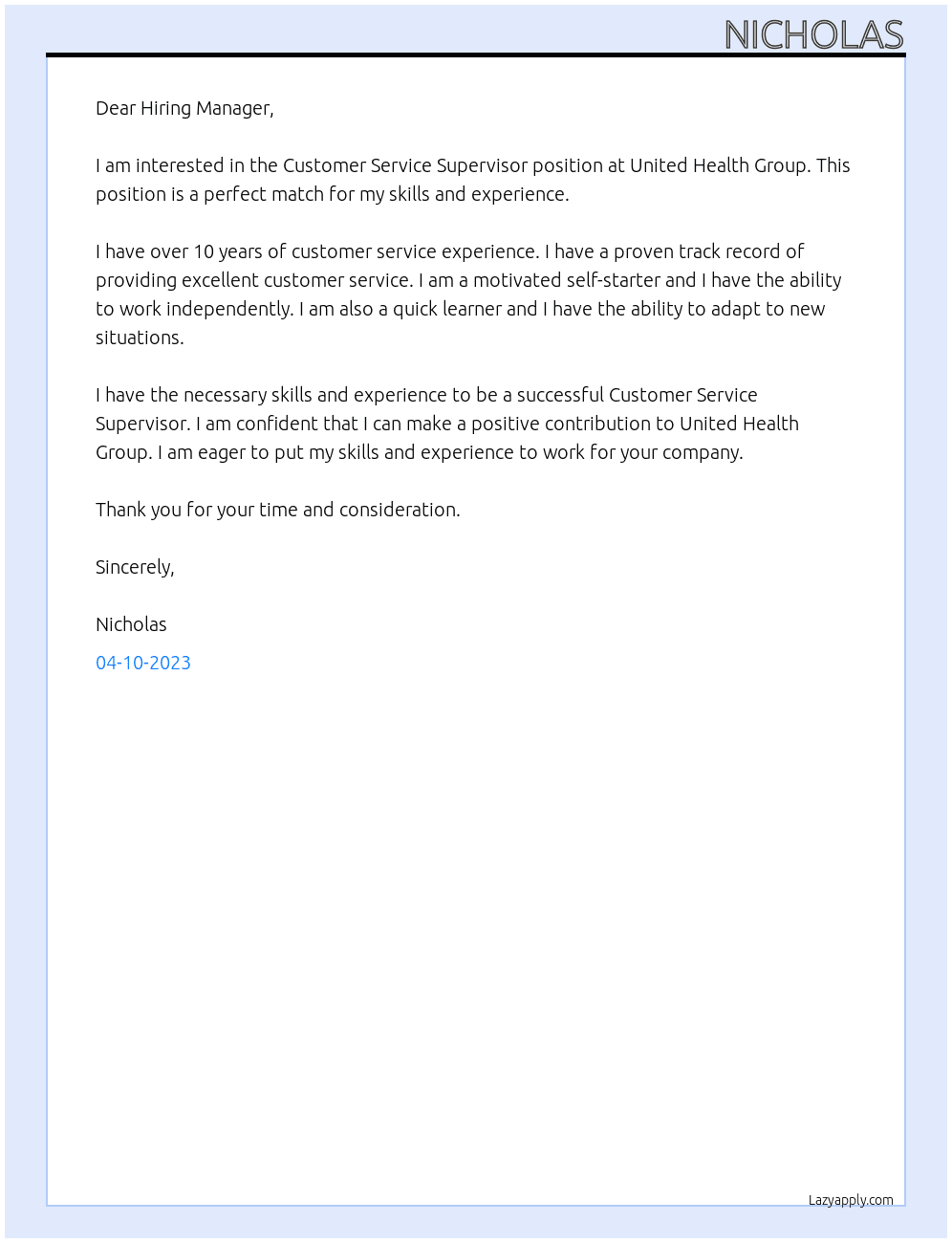 Customer Service Supervisor At United Health Group Cover Letter