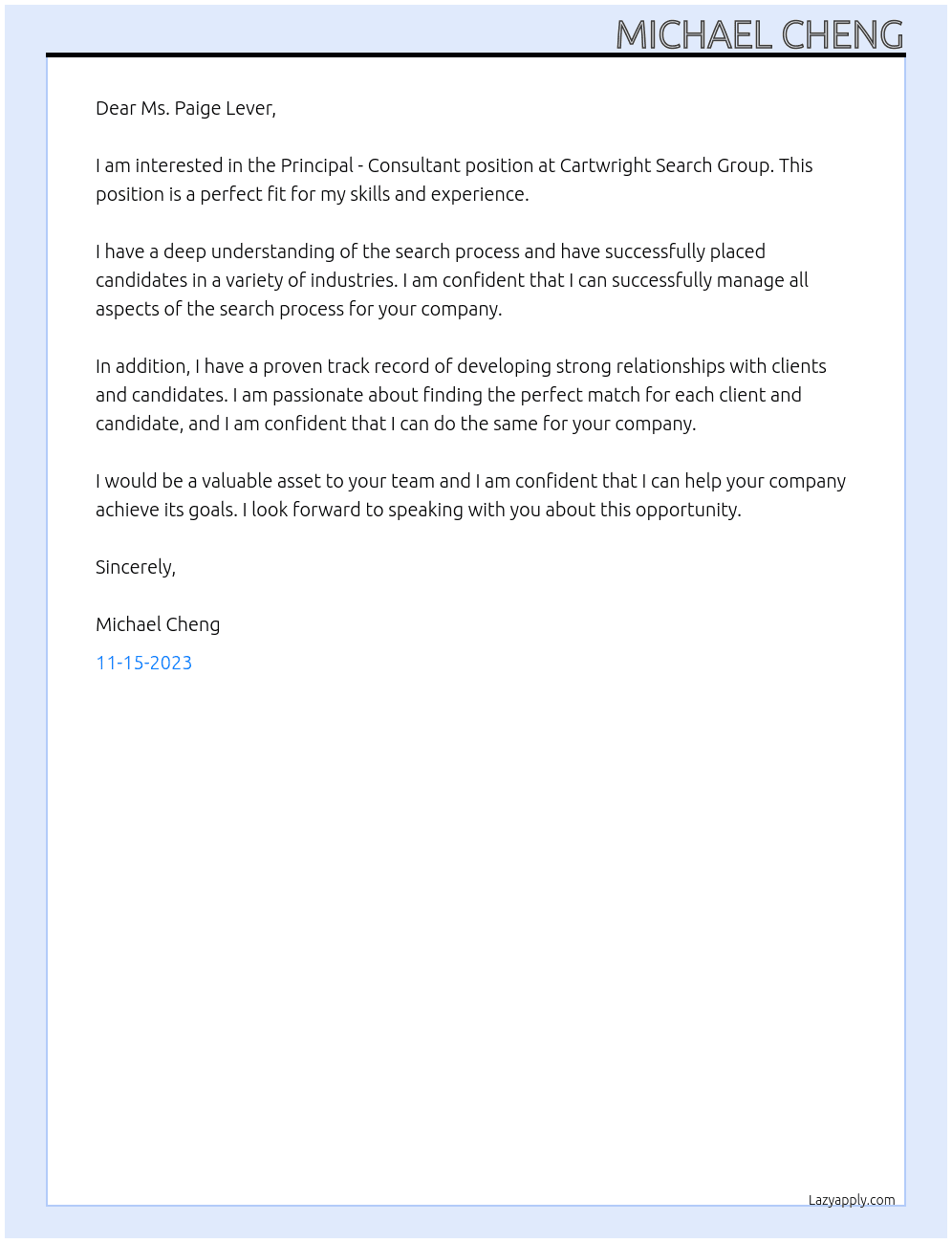 Principal - Consultant At Cartwright Search Group Cover Letter