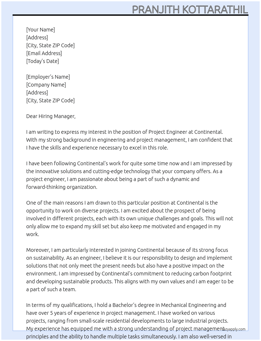 Project Engineer At Continental Cover Letter