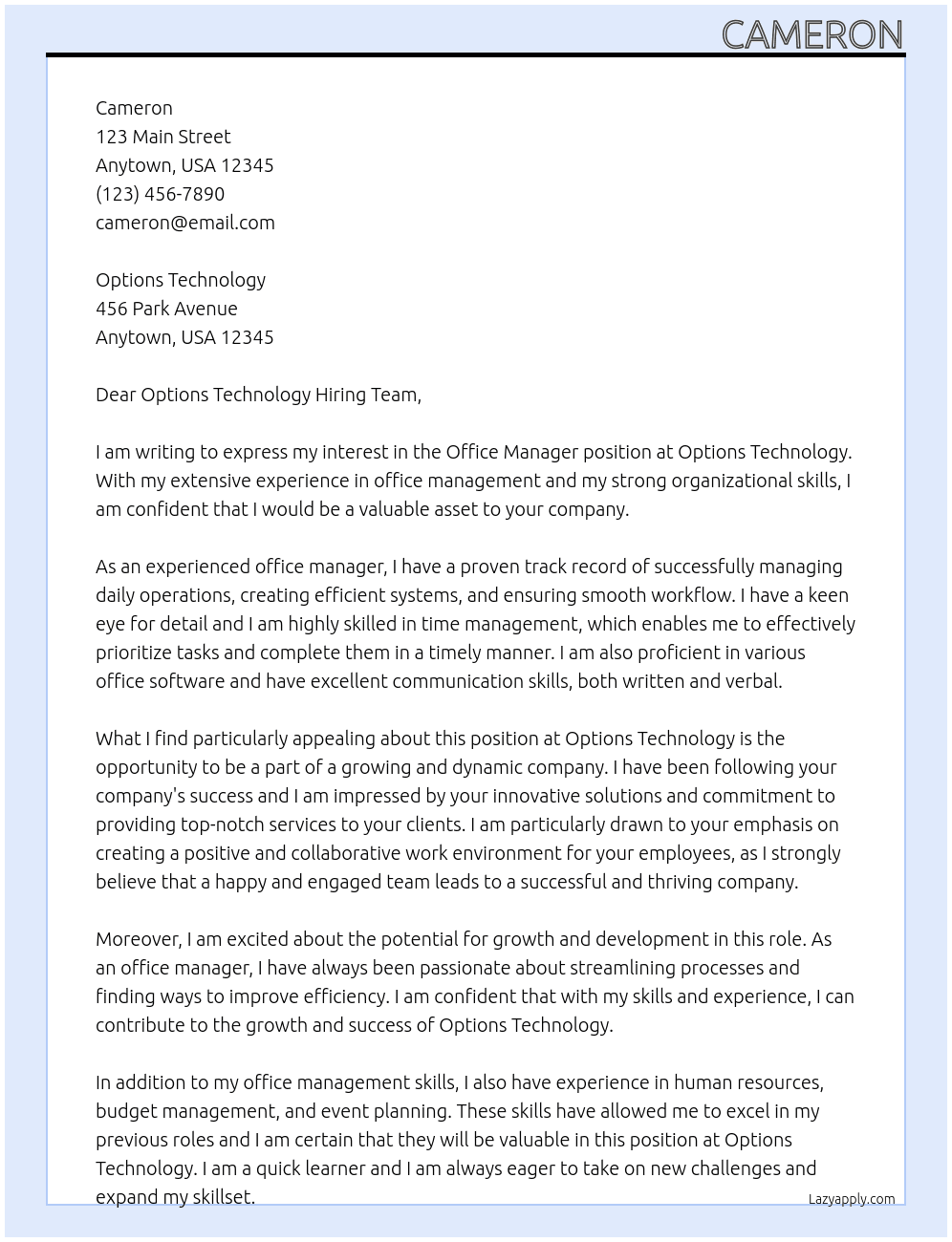 Office Manager At Options Technology Cover Letter