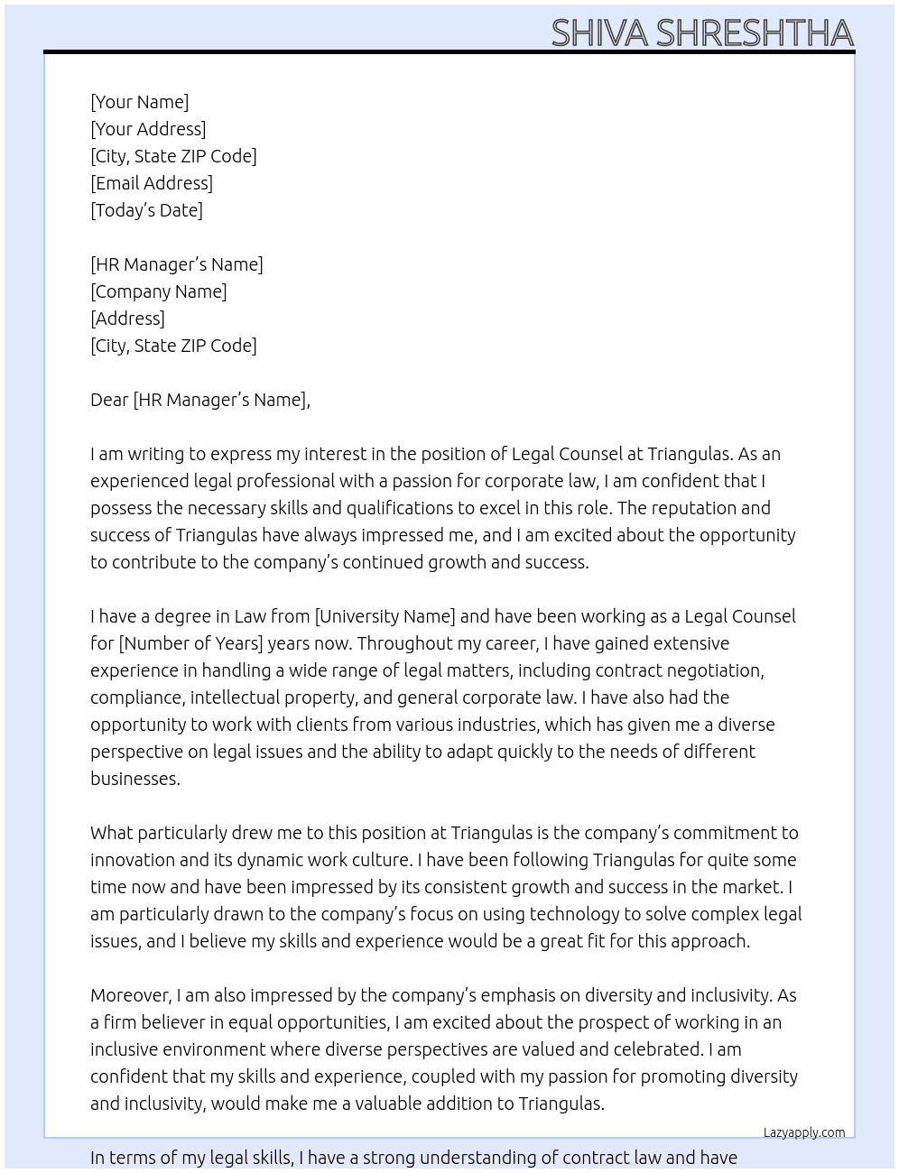 Legal Counsel At Triangulas Cover Letter