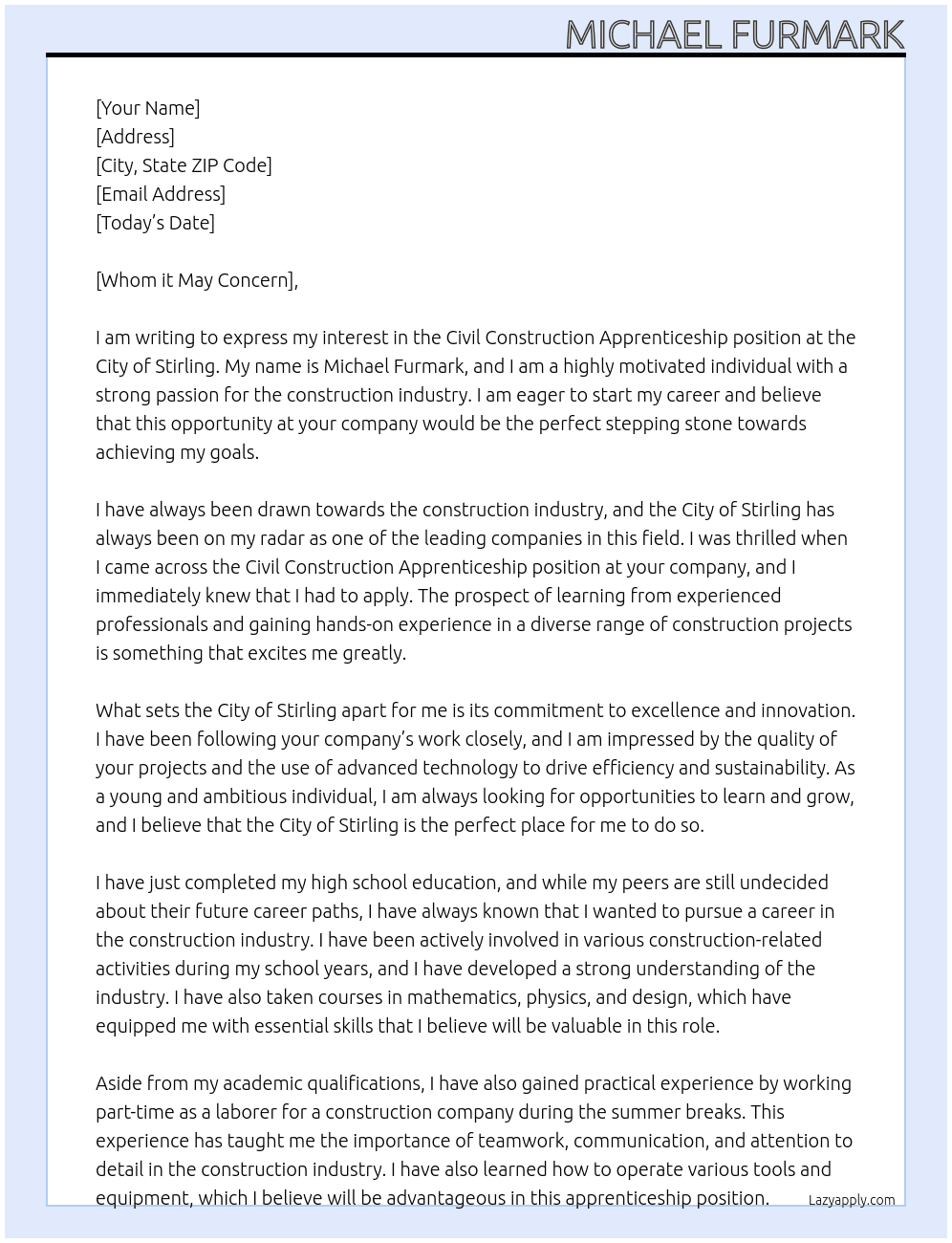 Cover letter for civil construction apprenticeship - LazyApply