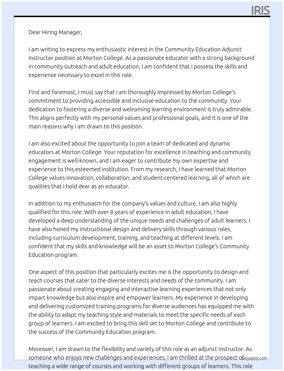 Community Education Adjunct Instructor At Morton College Cover Letter