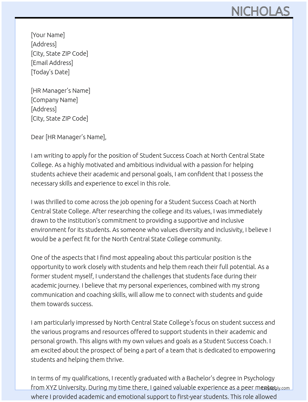 Student Success Coach At North Central State College Cover Letter