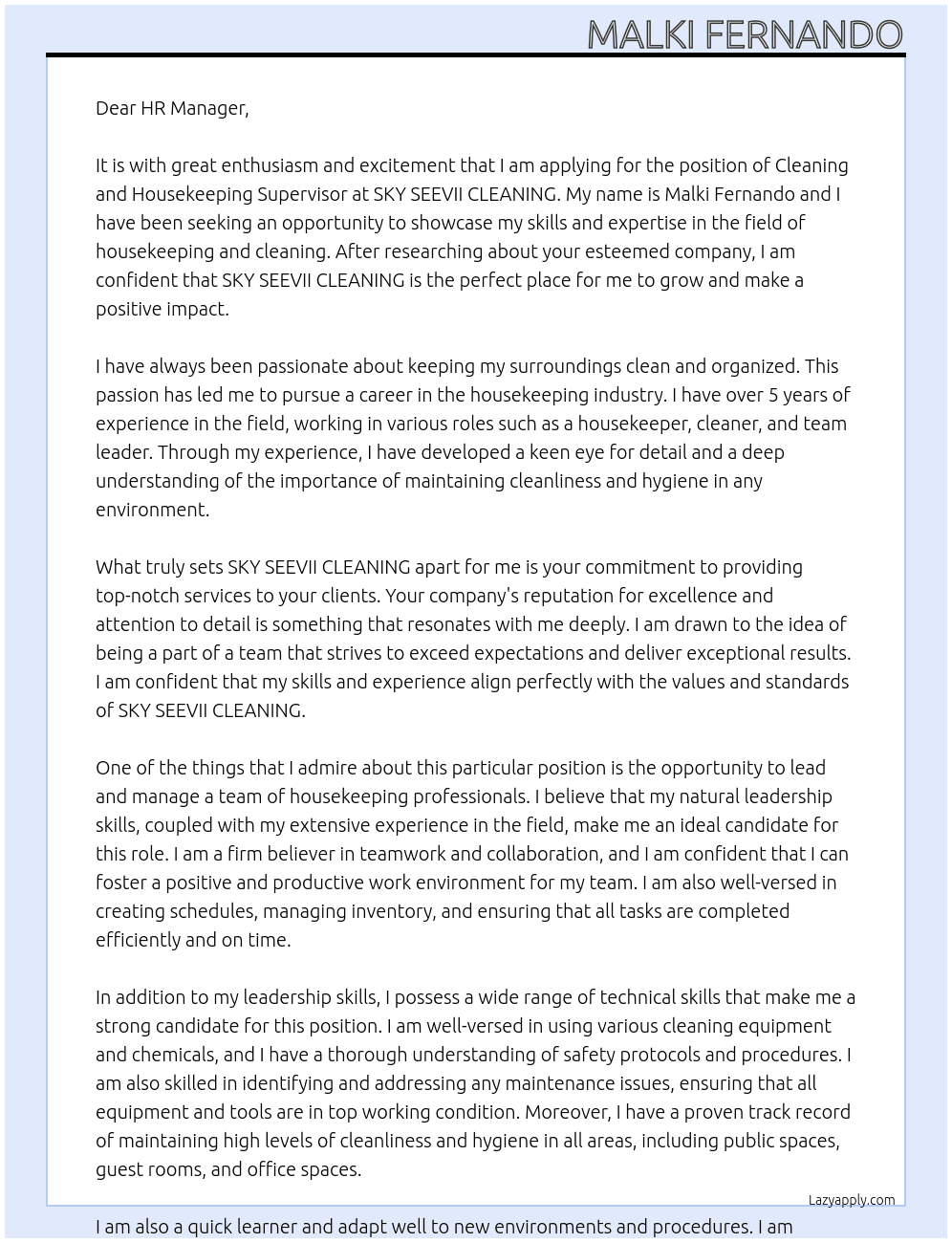 Cleaning and Housekeeping Supervisor At SKY SEEVII CLEANING  Cover Letter