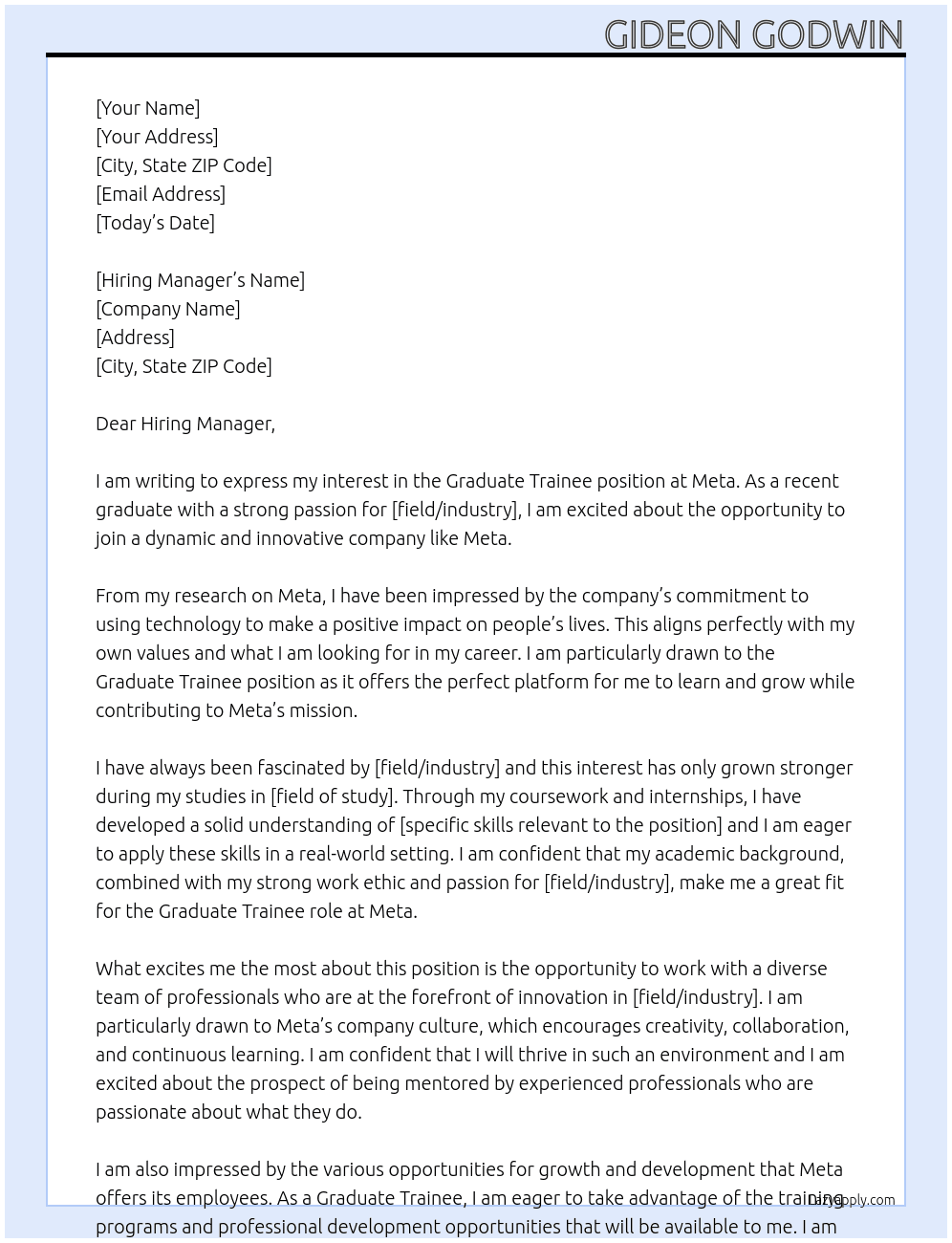 Graduate Trainee At Meta Cover Letter