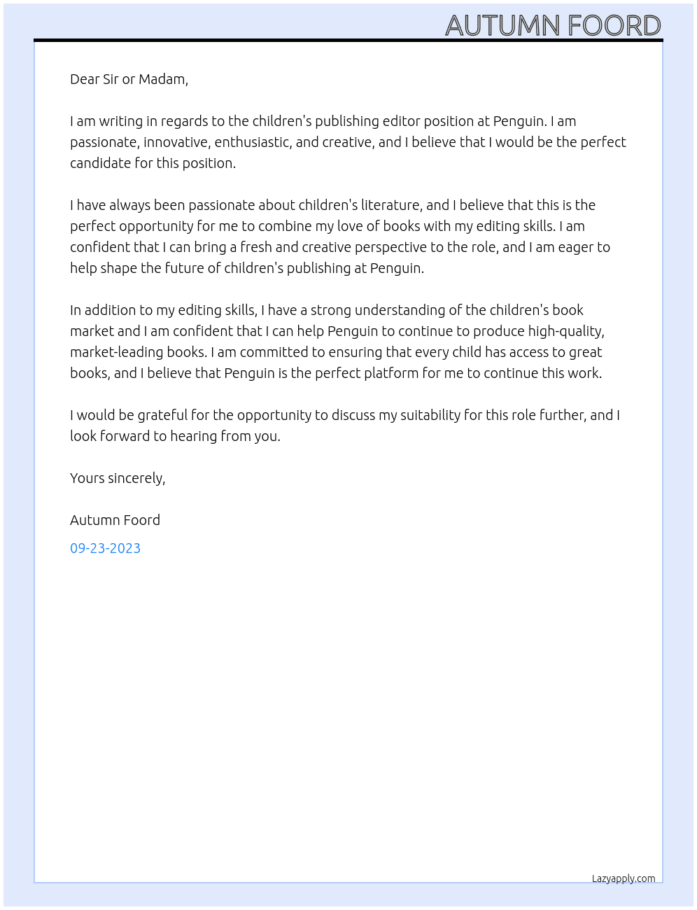 Children’s publishing editor  At Penguin  Cover Letter
