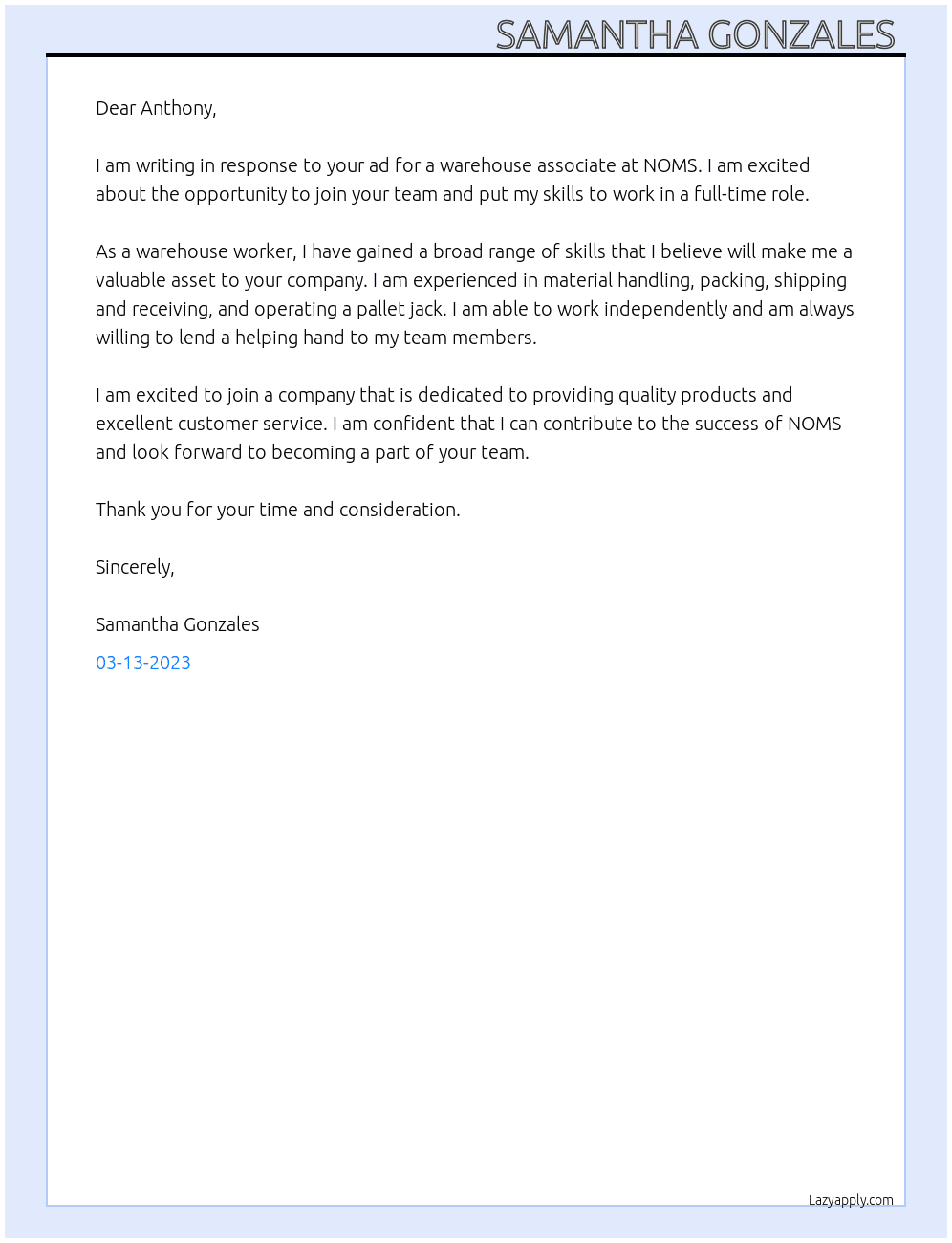 Warehouse Associate At NOMS Cover Letter