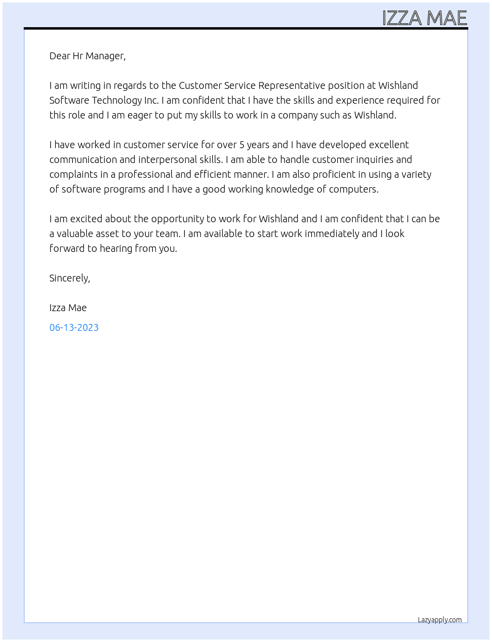 Costumer Service Representative  At Wishland Software Technology Inc. Cover Letter