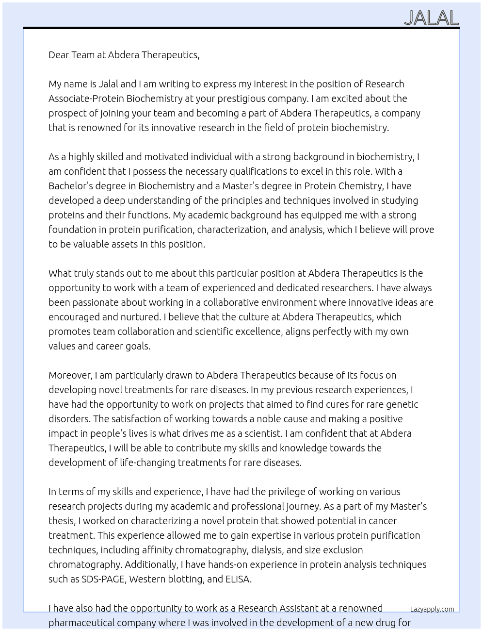 Research Associate-Protein Biochemistry At abdera therapeutics Cover Letter