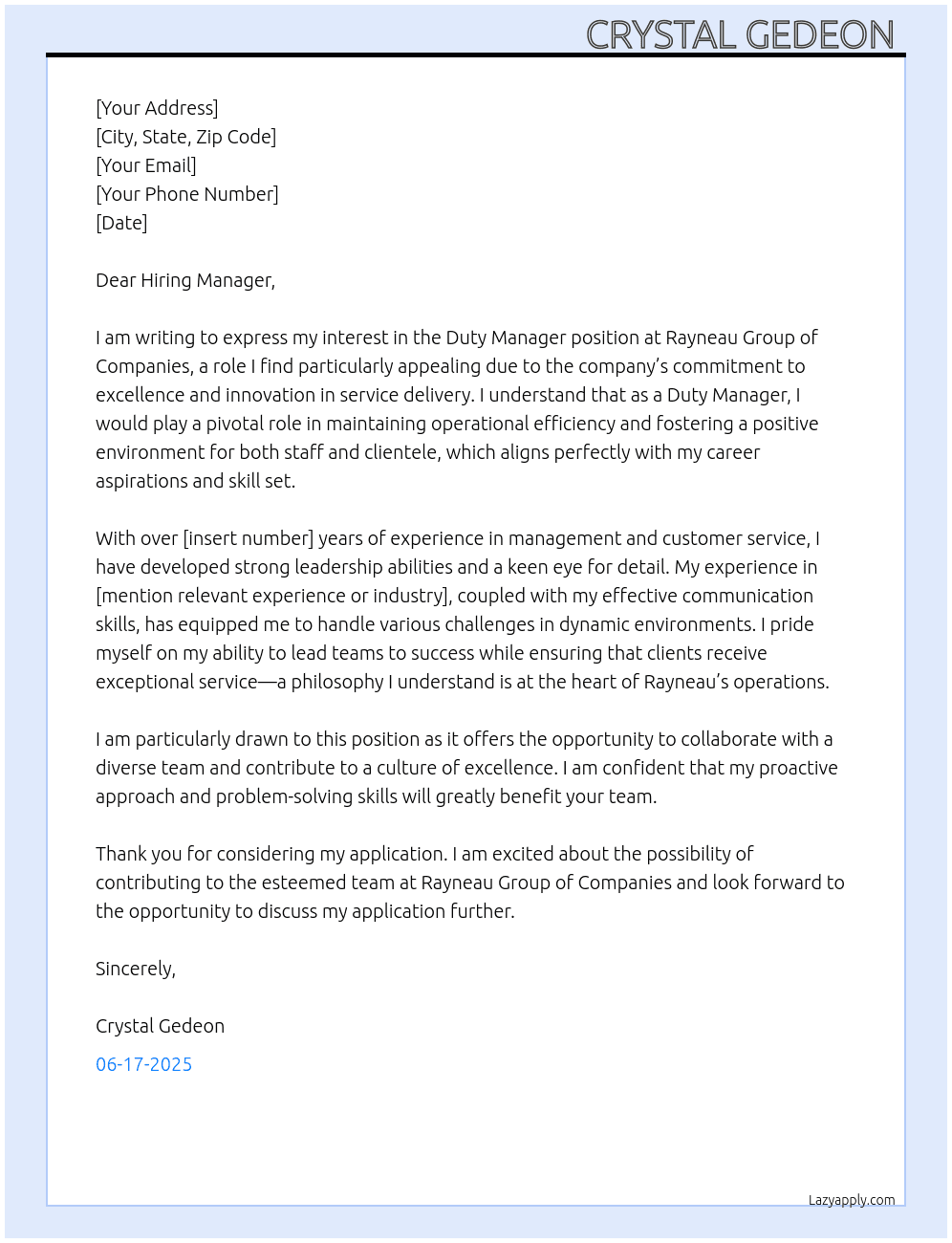 Duty Manager  At Rayneau Group of Companies  Cover Letter