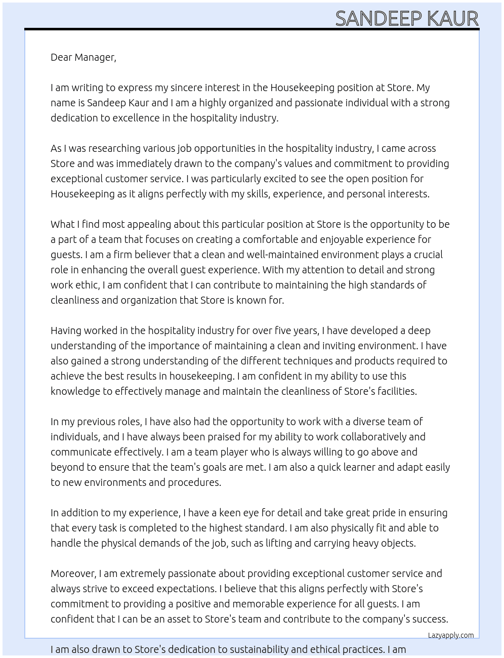 House Keeping At Store Cover Letter