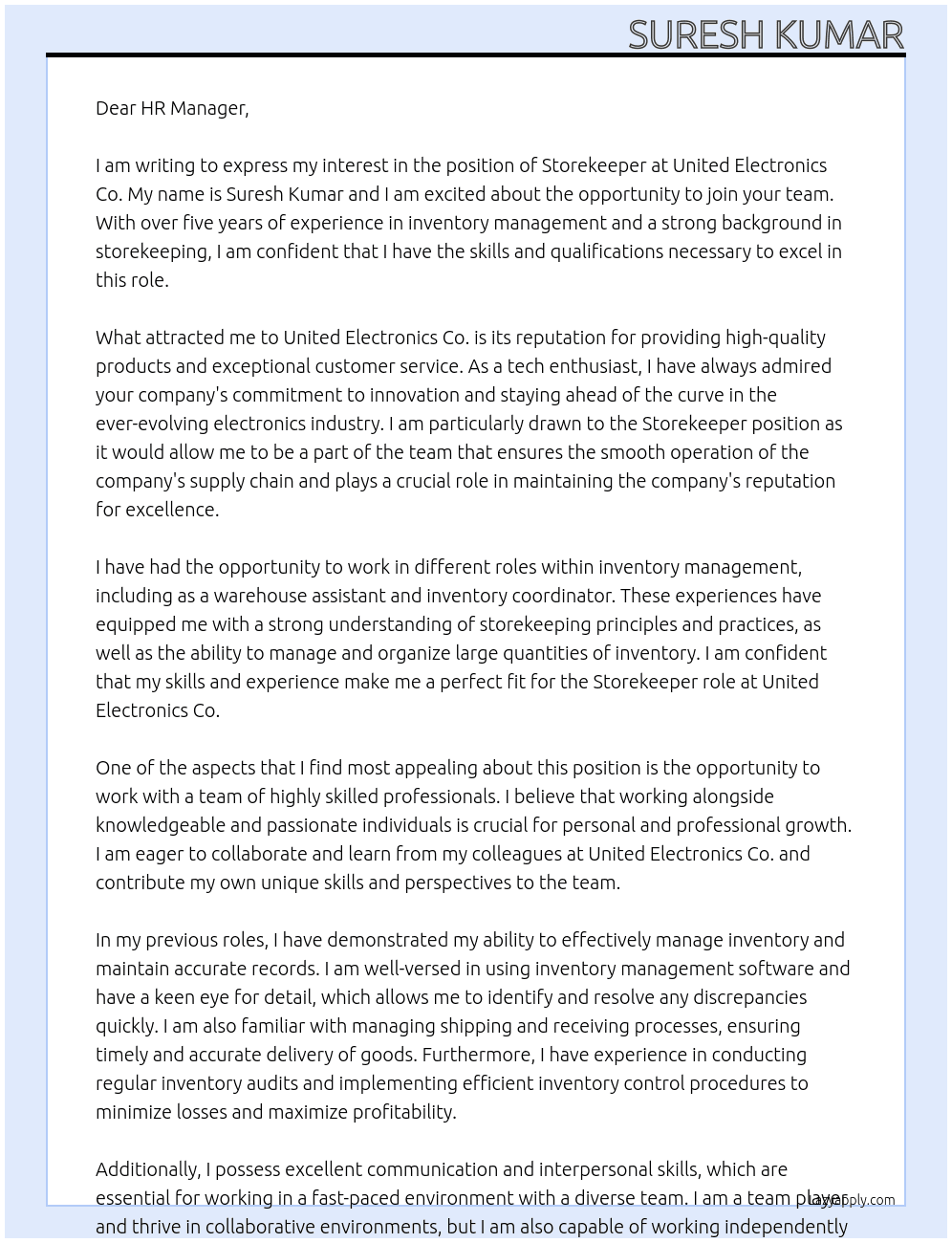 Storekeeper At United Electronics Co. Cover Letter