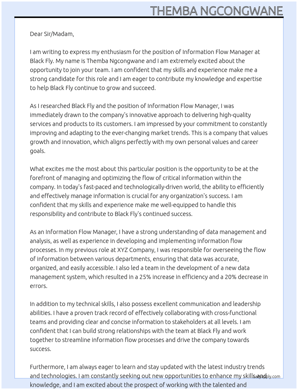 Information Flow Manager At Black Fly Cover Letter
