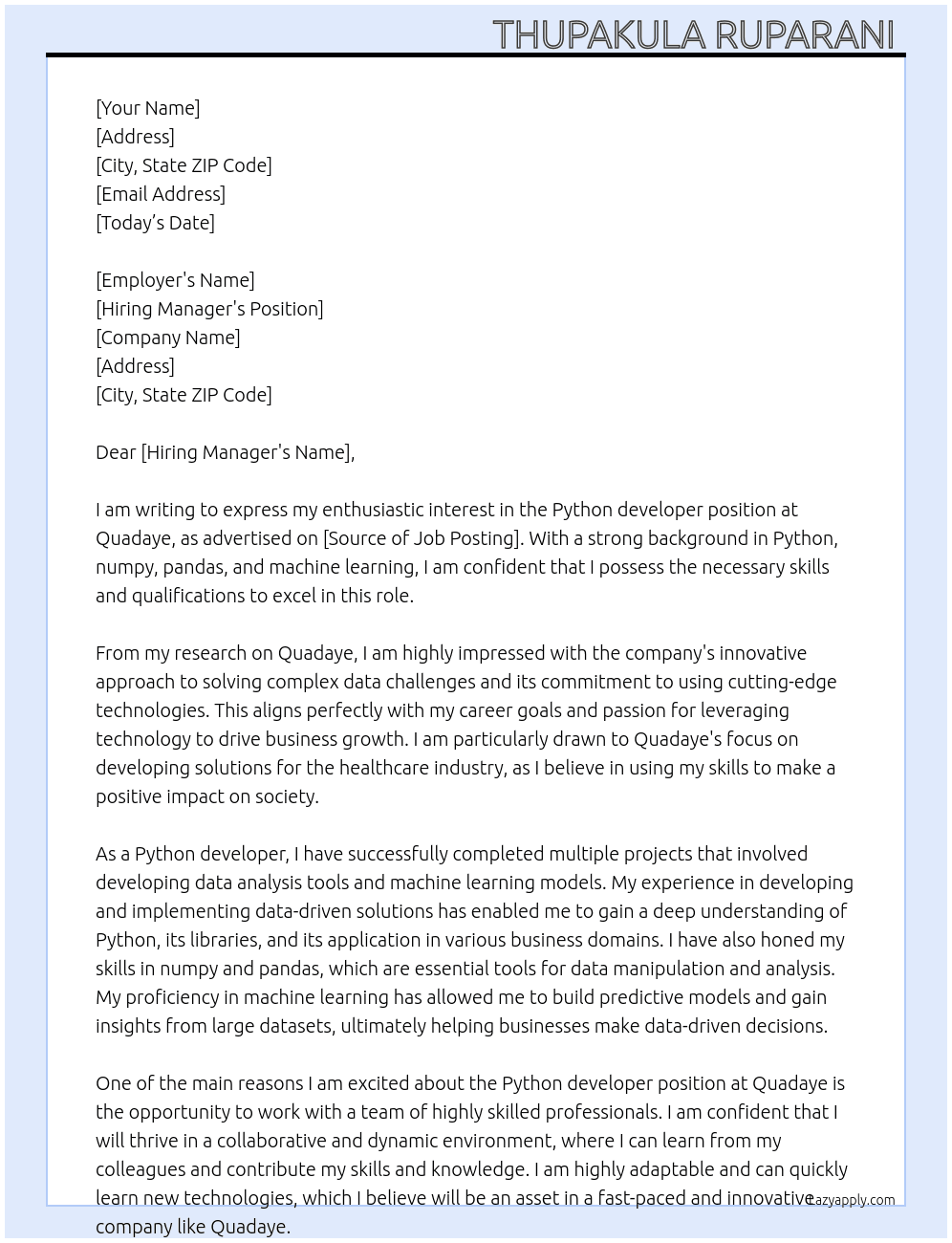 Python developer  At Quadaye Cover Letter
